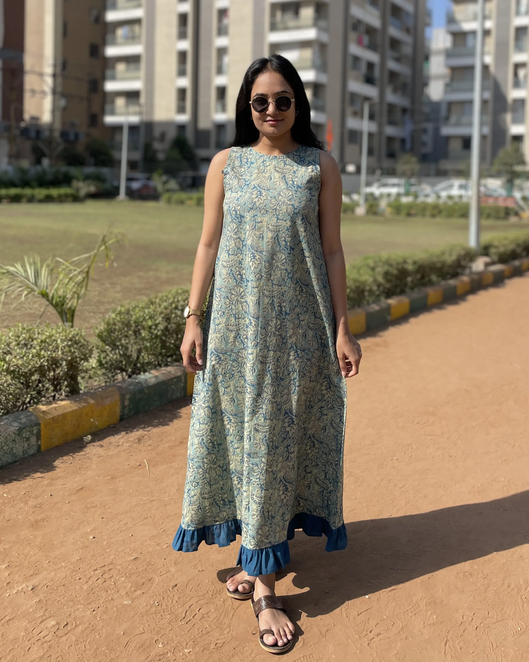 sky floral print cotton A line maxi dress