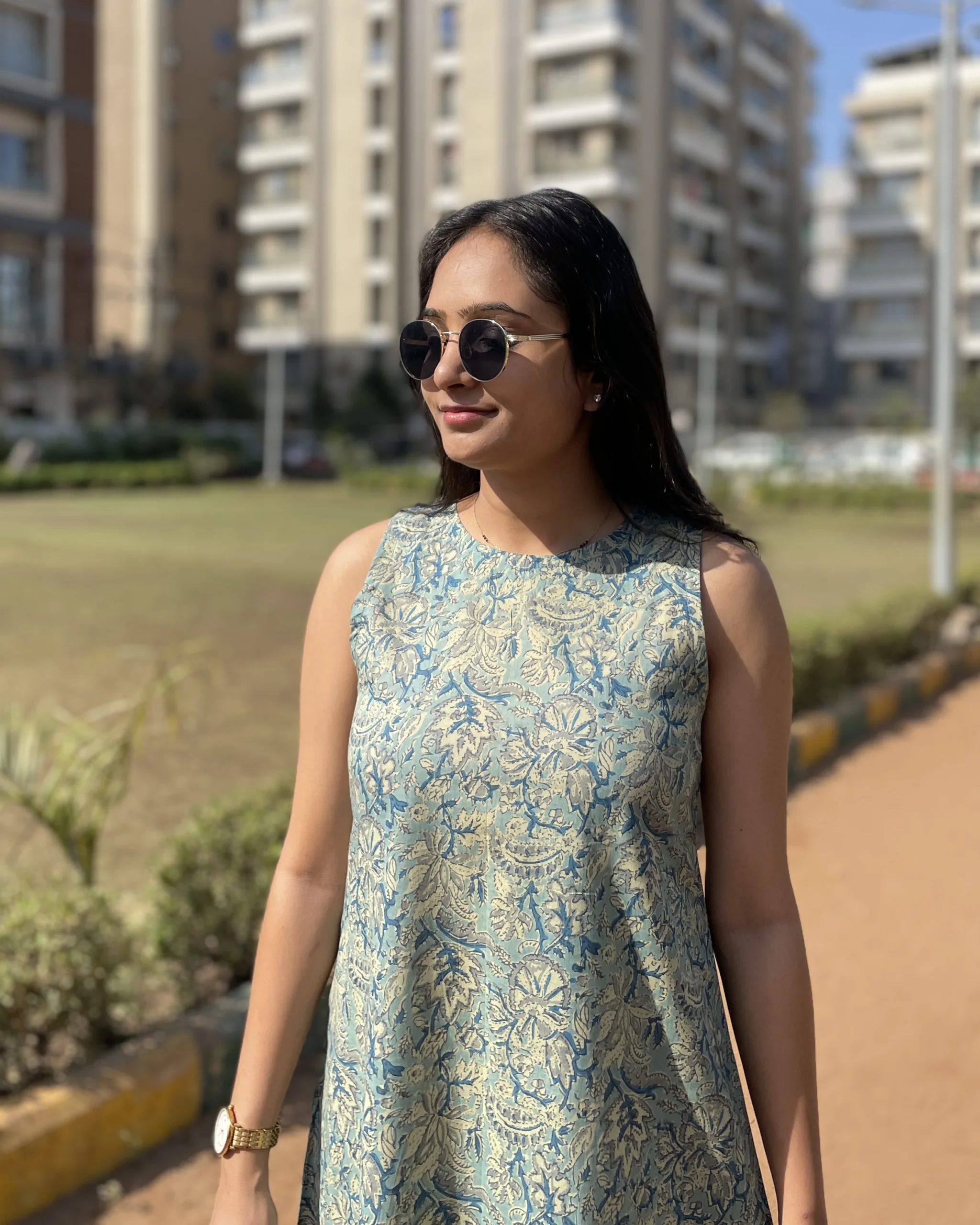 sky floral print cotton A line maxi dress