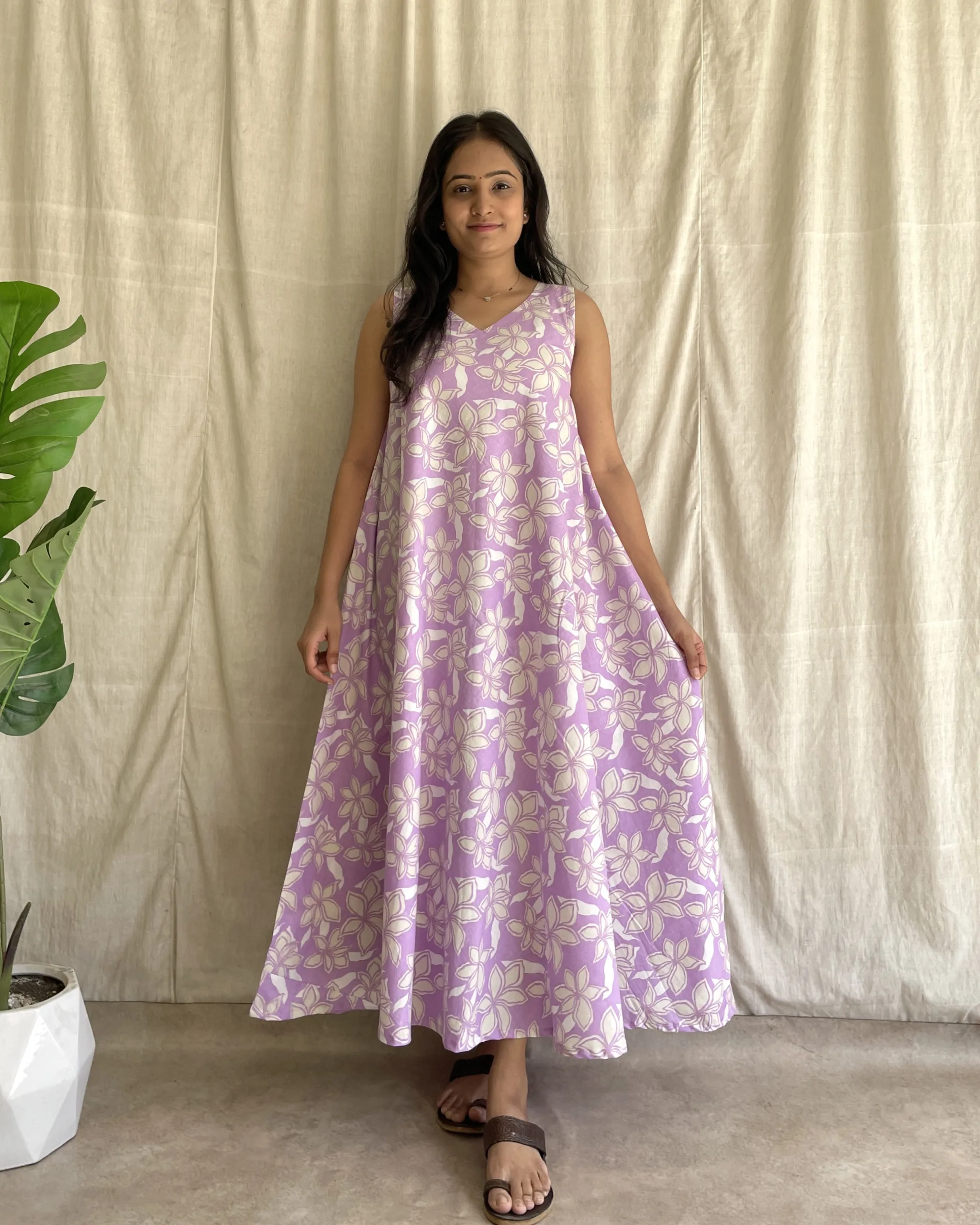 Lilac floral print umbrella flare dress