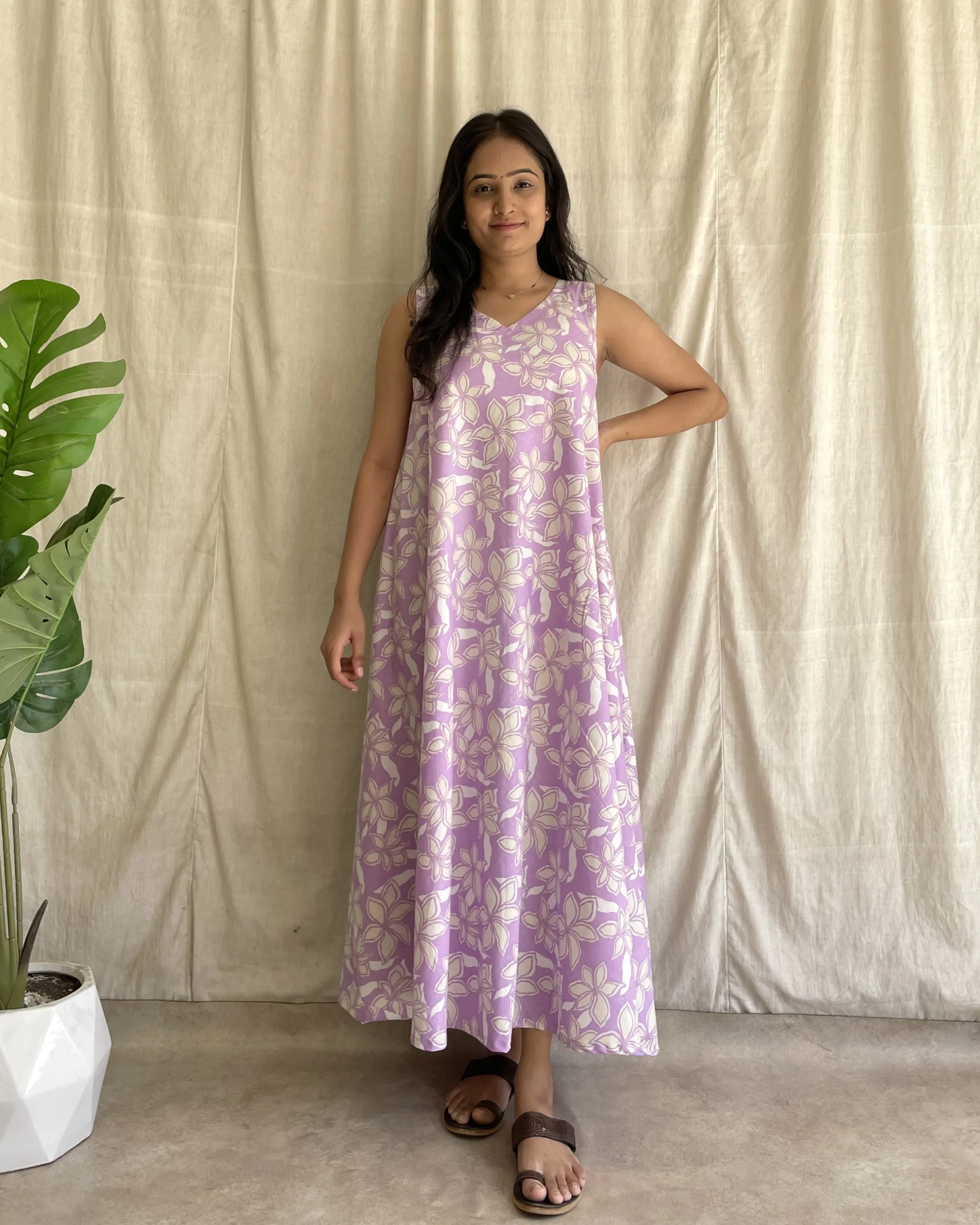 Lilac floral print umbrella flare dress