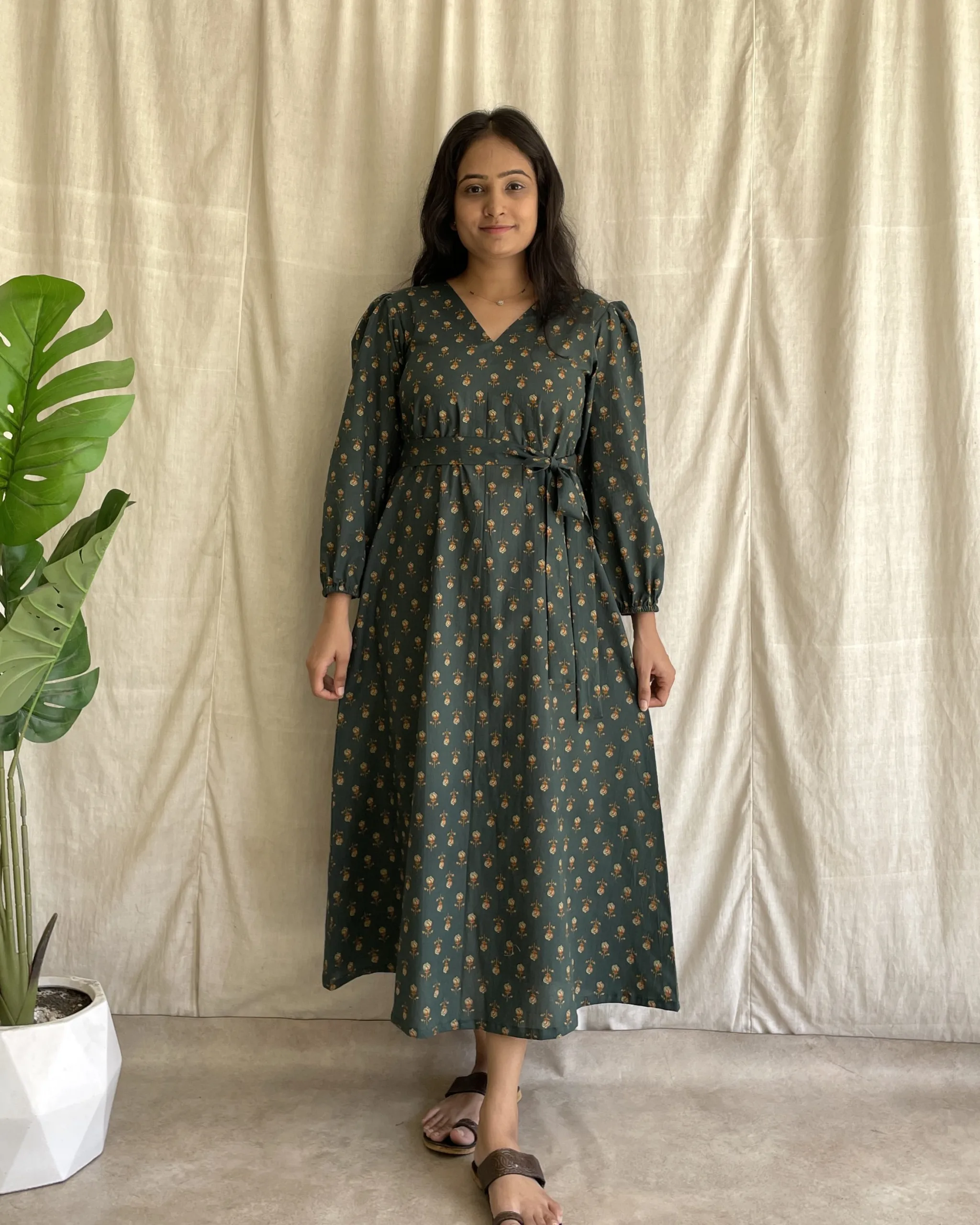 Dark green a line cotton dress