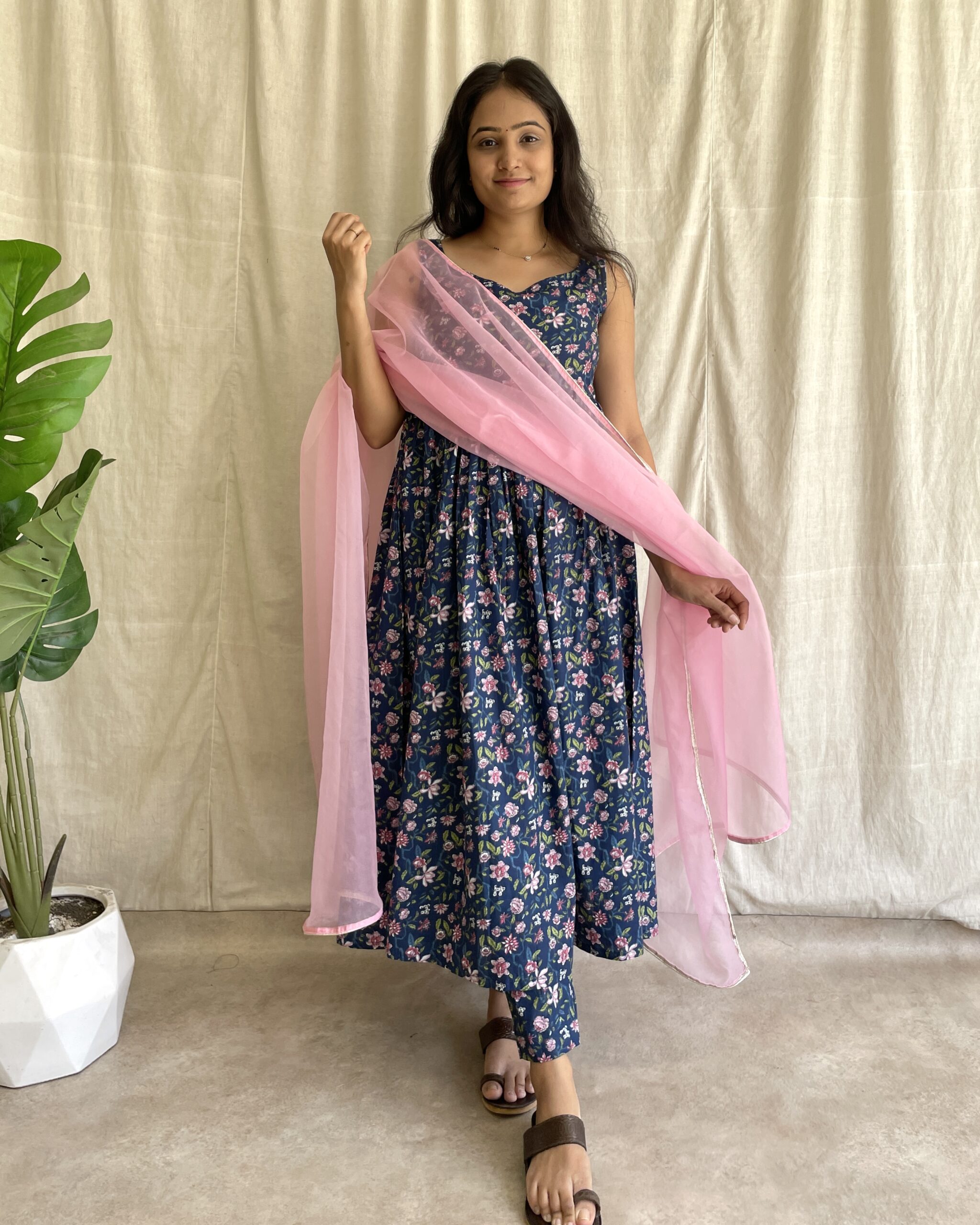Floral cotton suit with organza dupatta