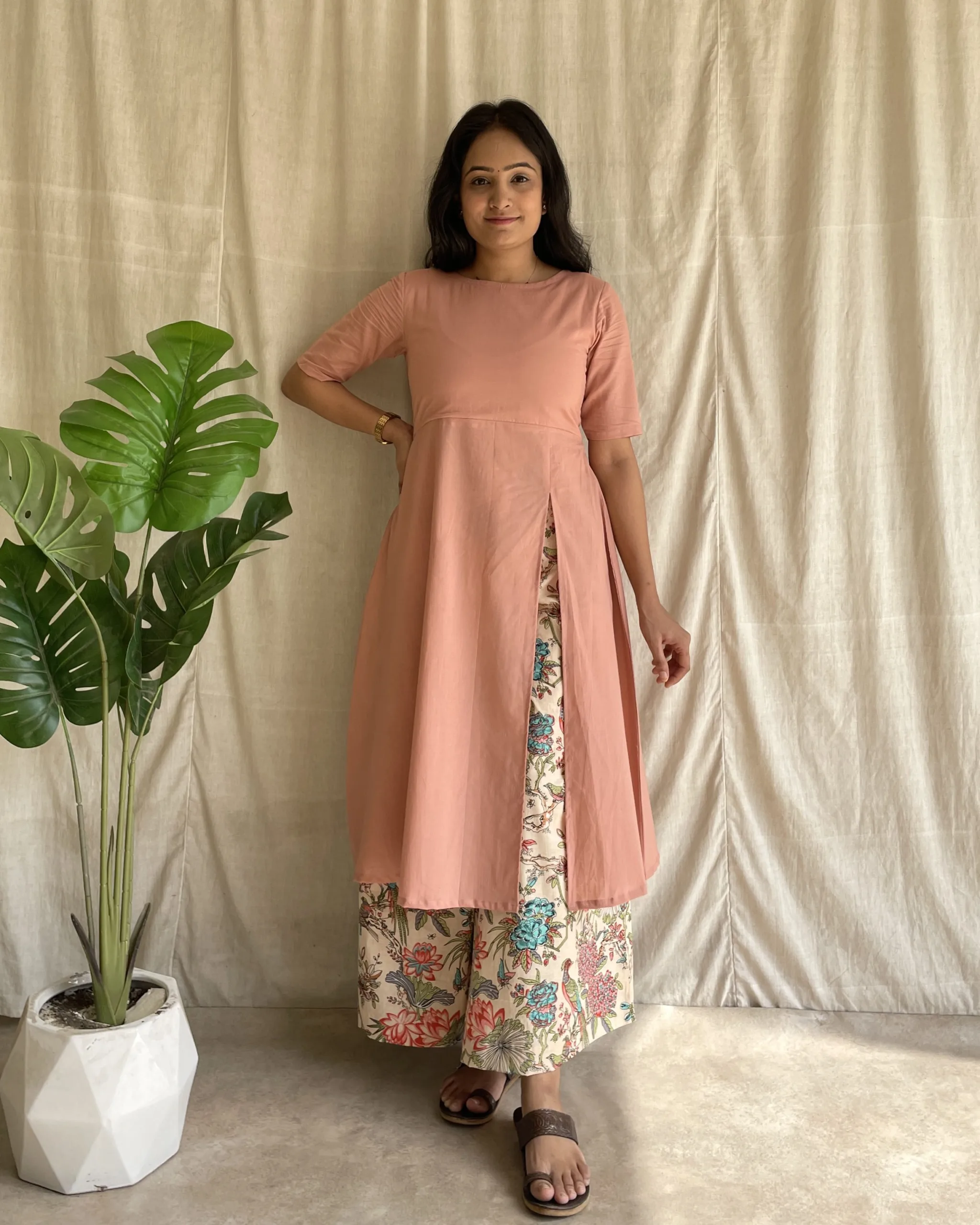 Peach cotton A line kurta set