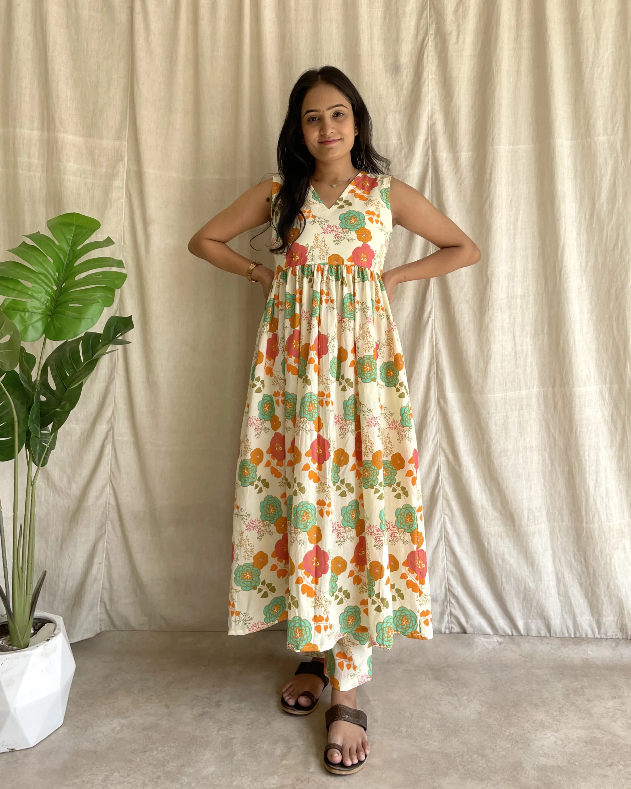 Off white floral print cotton floral kurta set