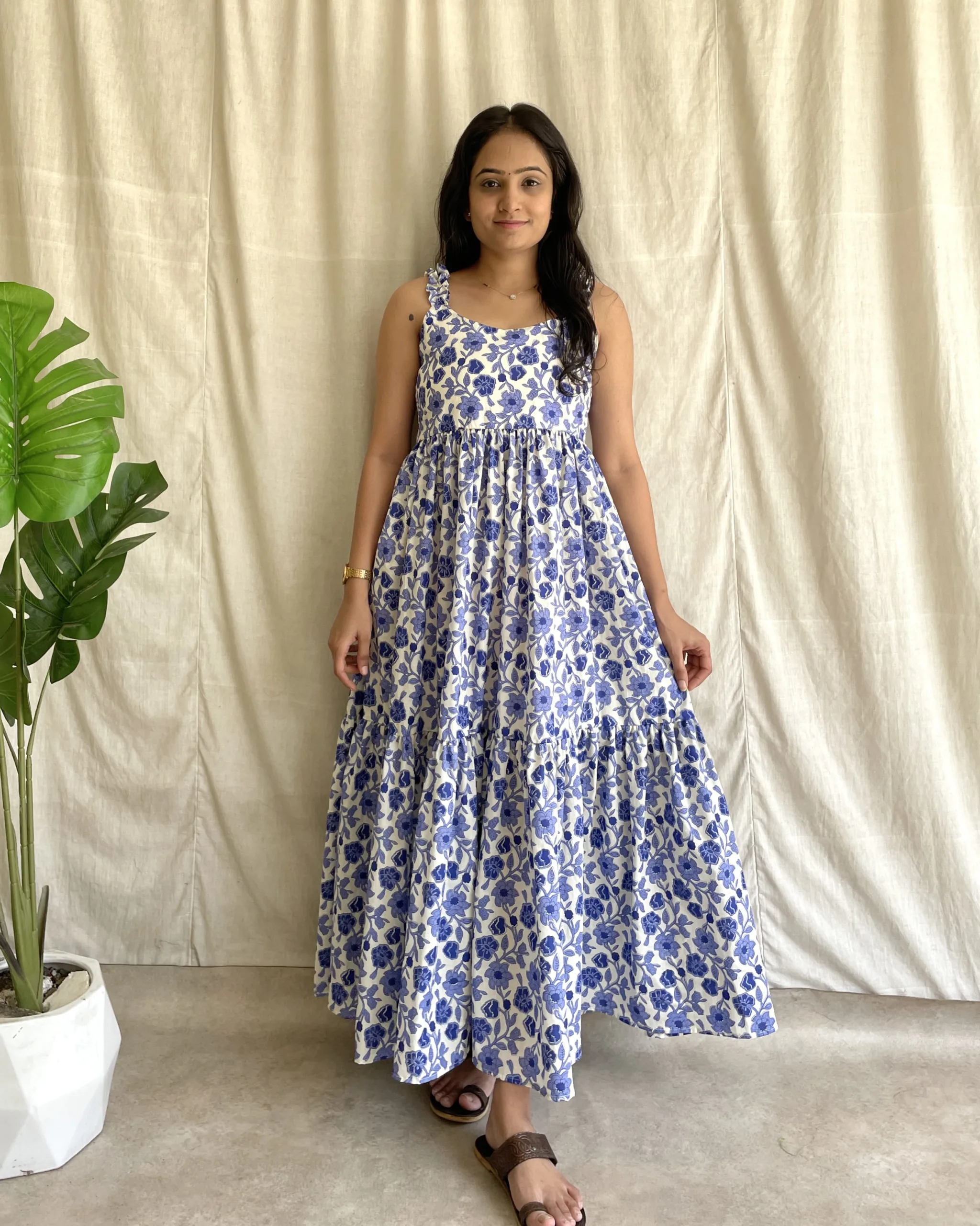 Blue floral print cotton 2 tiered maxi dress
