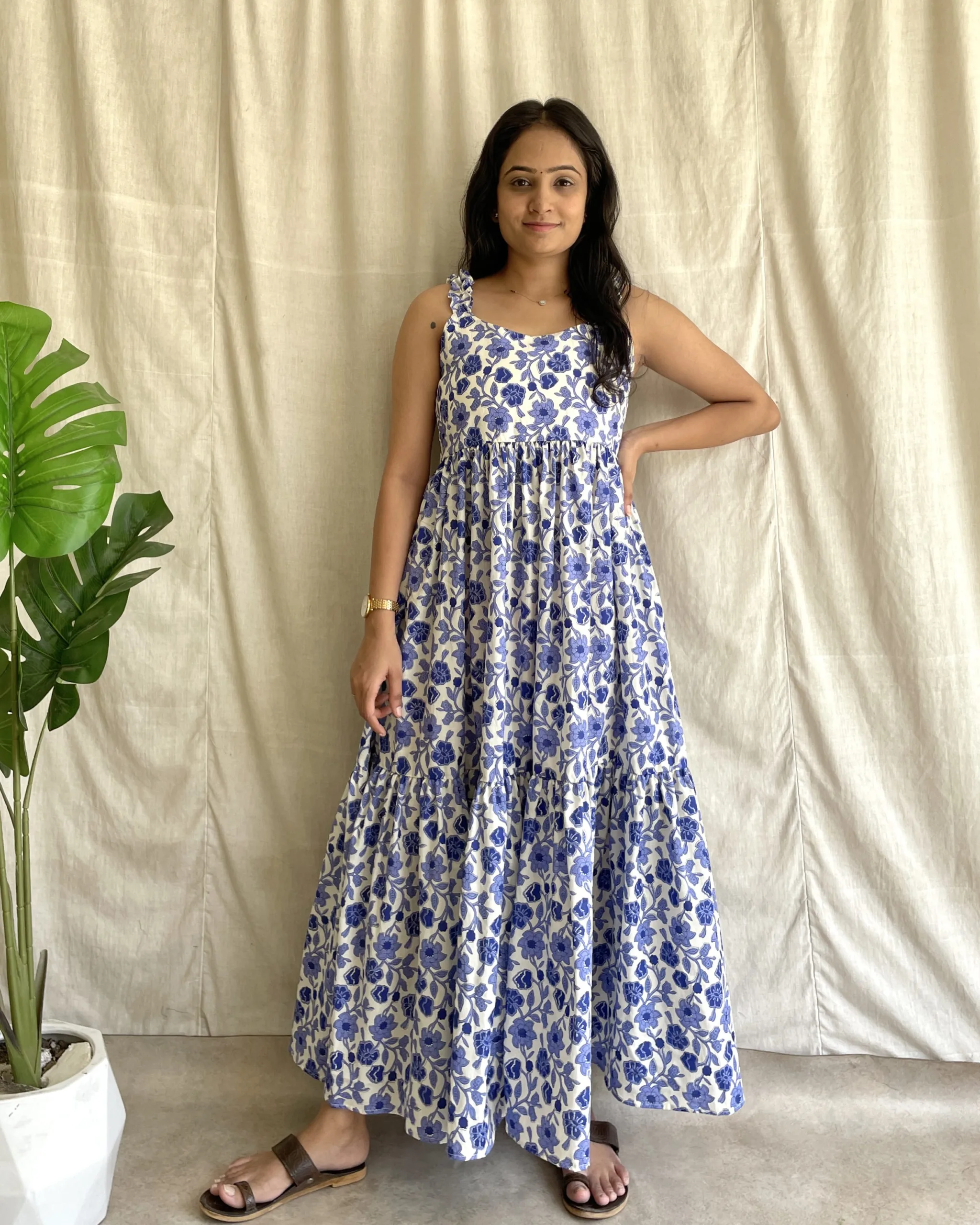 Blue floral print cotton 2 tiered maxi dress