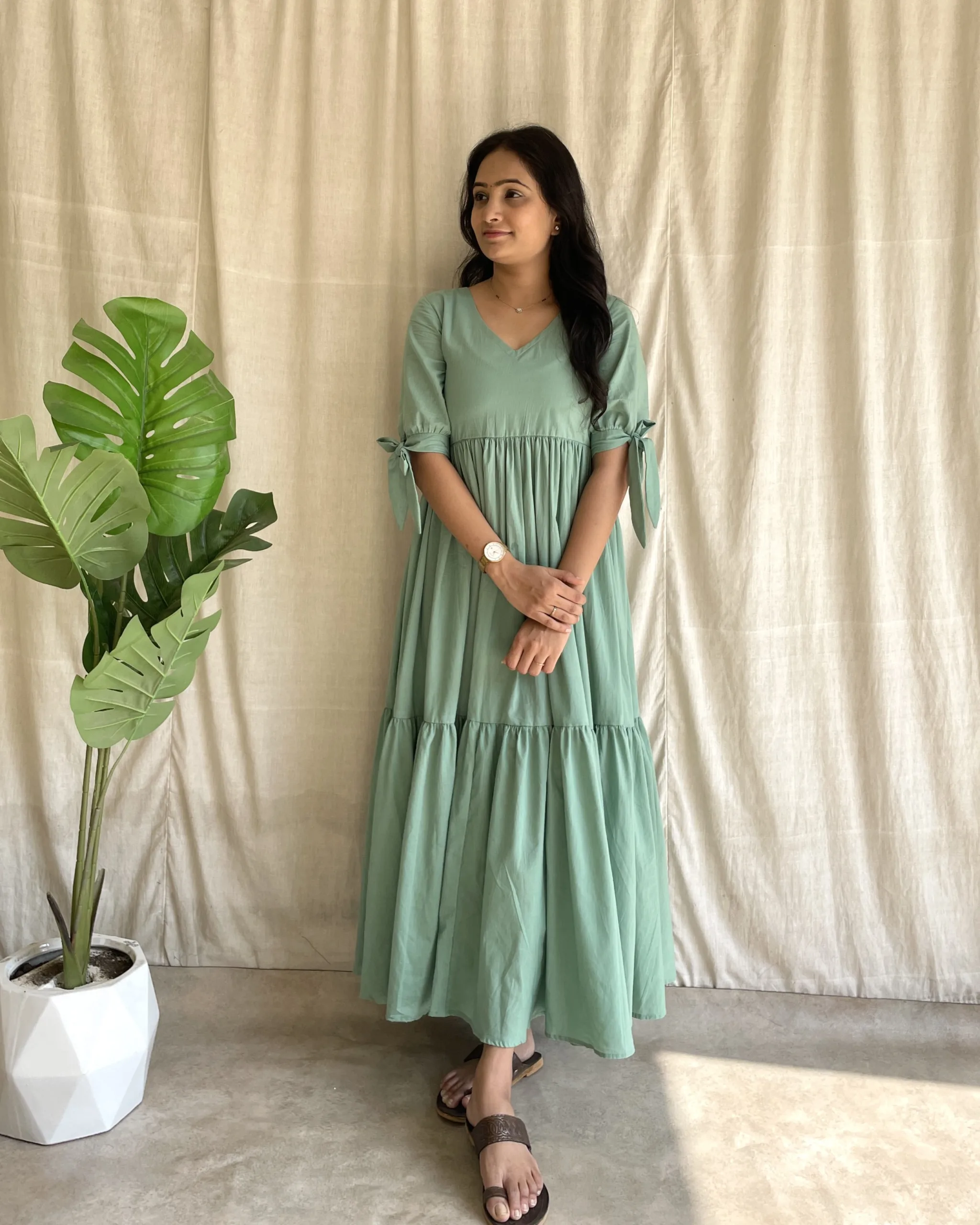 Sea green cotton 2 tiered maxi dress