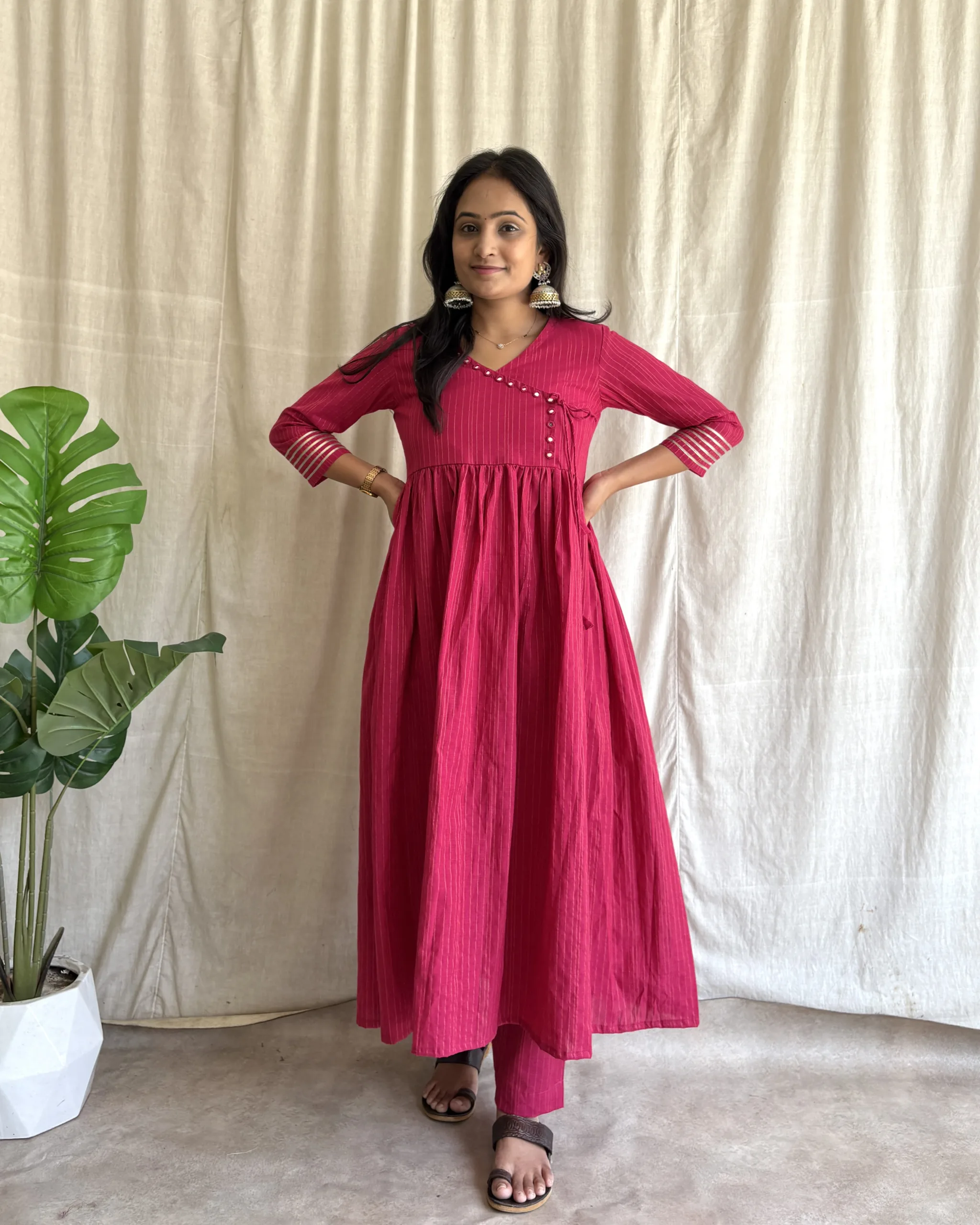 pink handloom cotton kurta set with mirror handwork