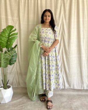 Cotton floral suit with organza dupatta