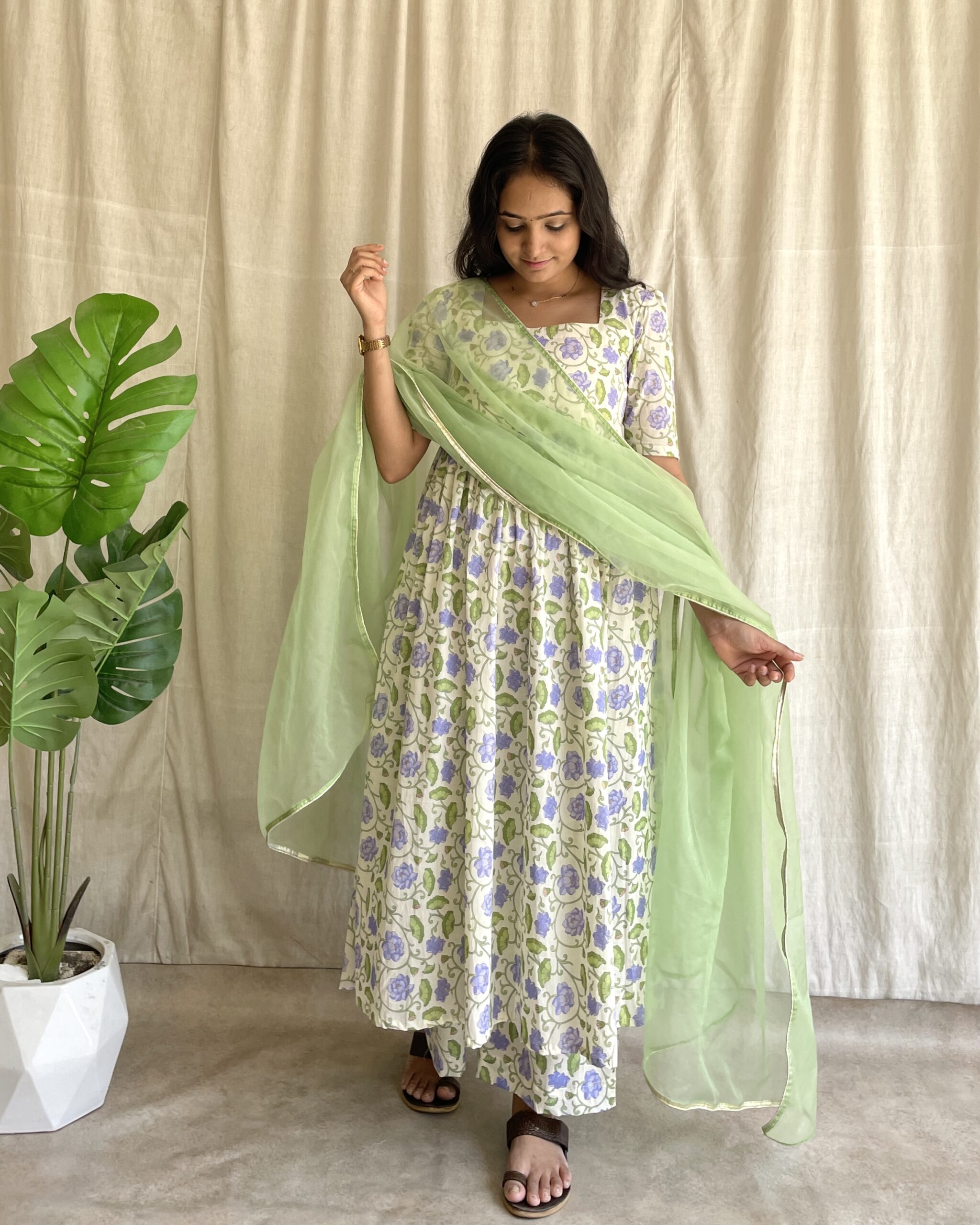 Cotton floral suit with organza dupatta