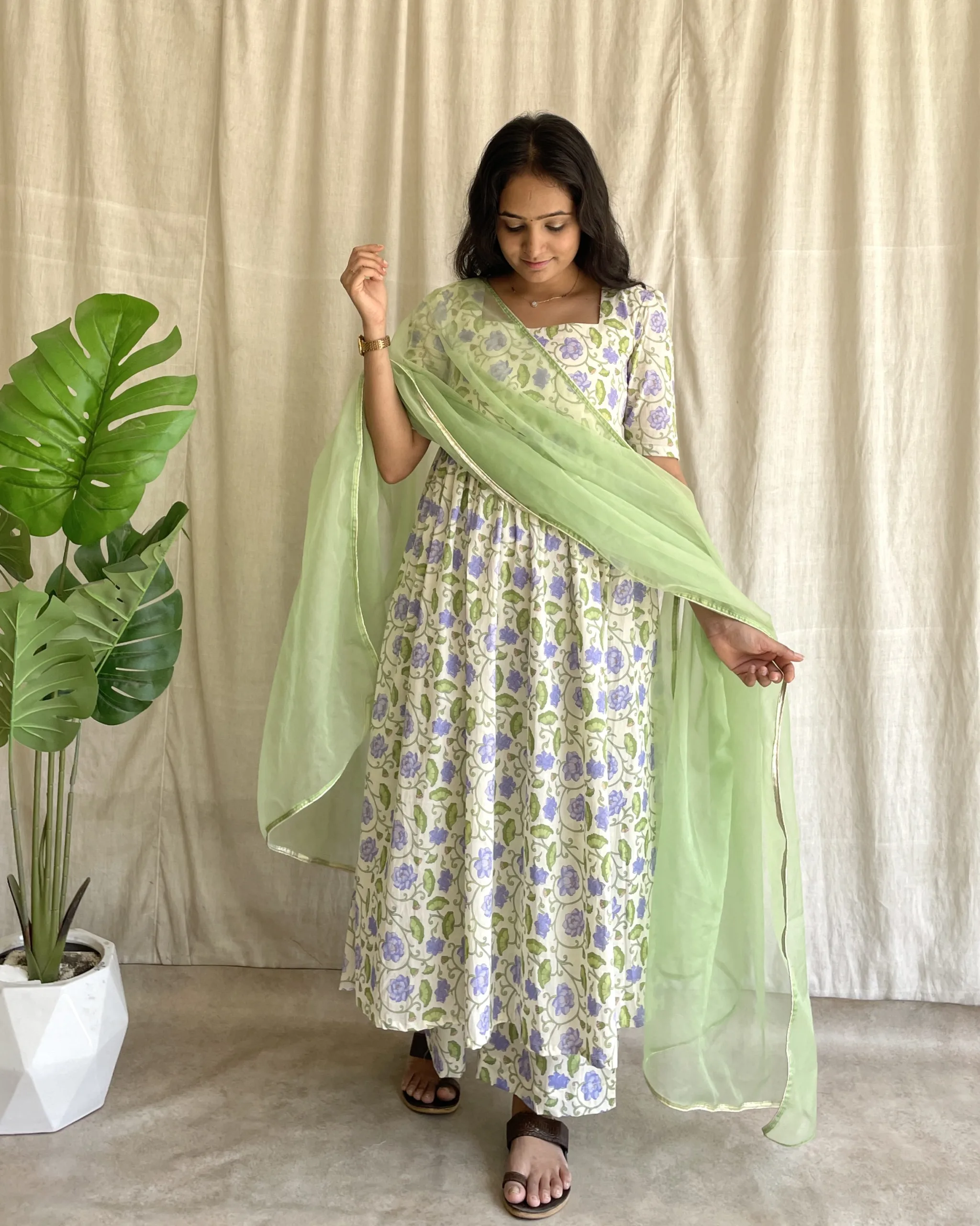 Off white cotton floral suit with organza dupatta
