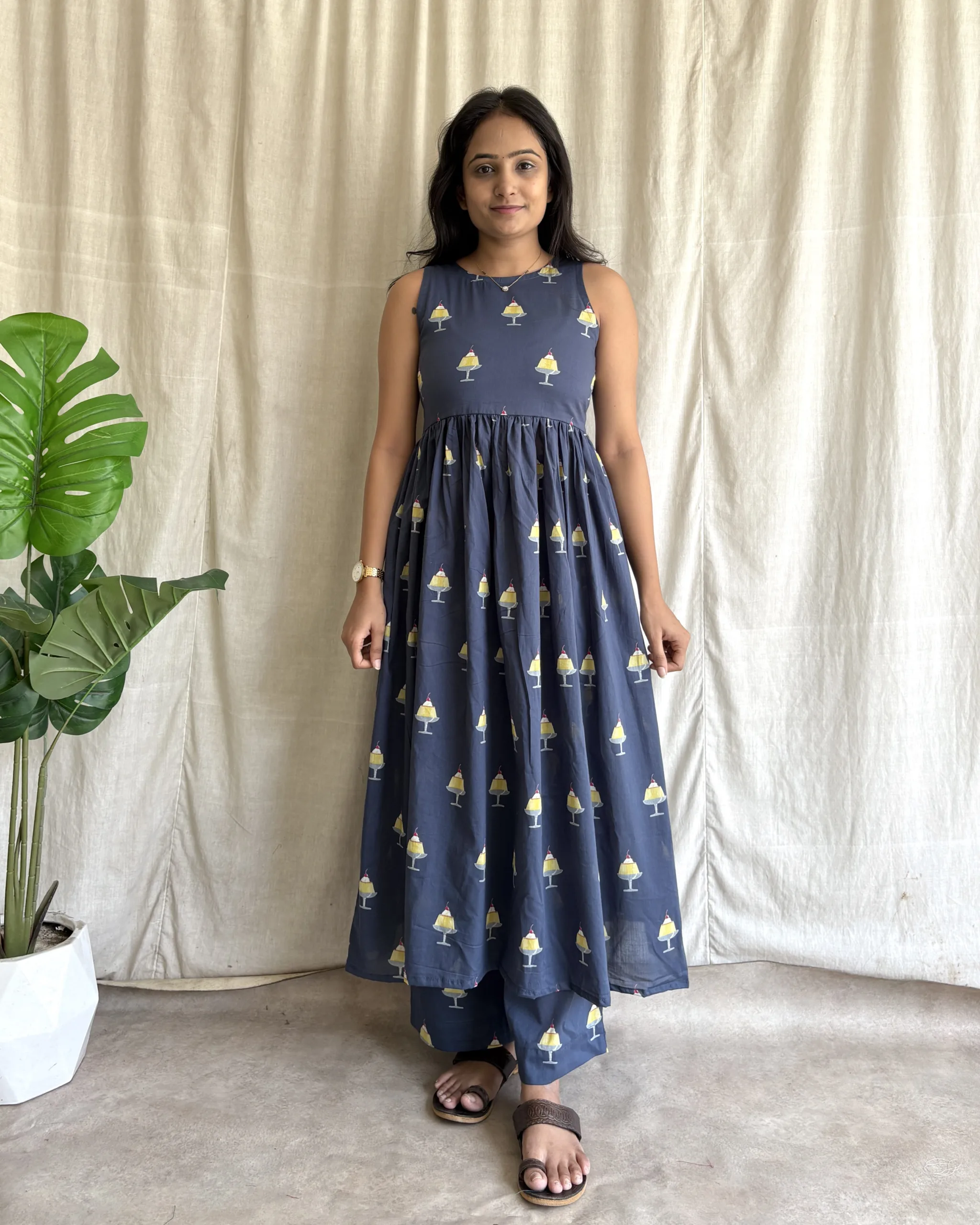 Navy blue mul cotton quirky kurta set