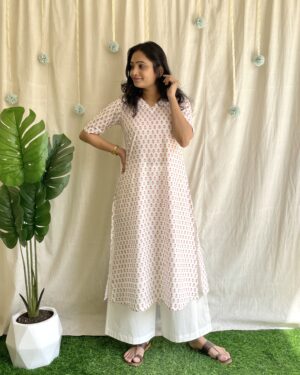 White handblock print A line kurta set