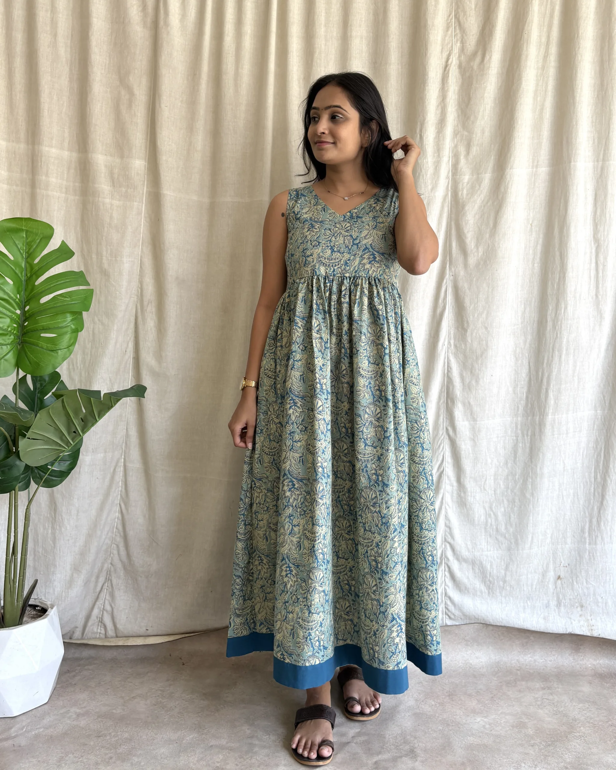 Sea green floral print cotton maxi dress
