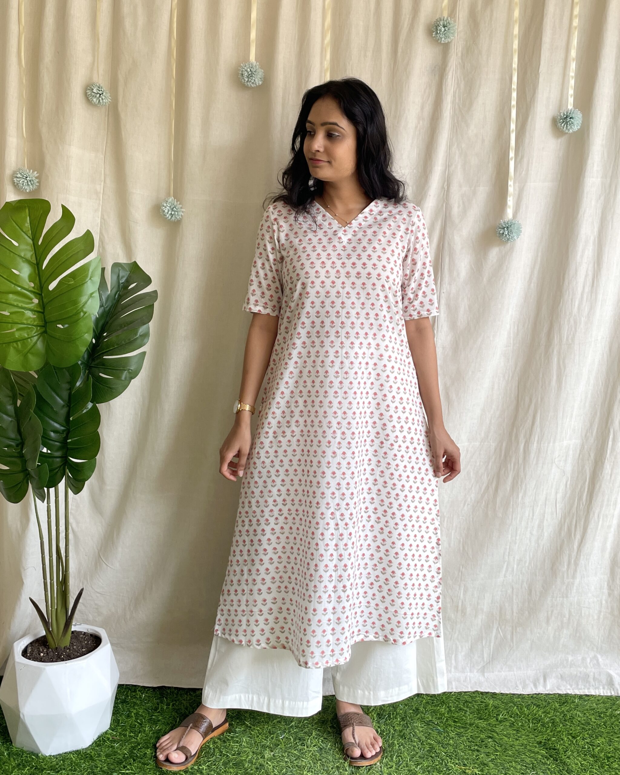 White handblock print A line kurta set