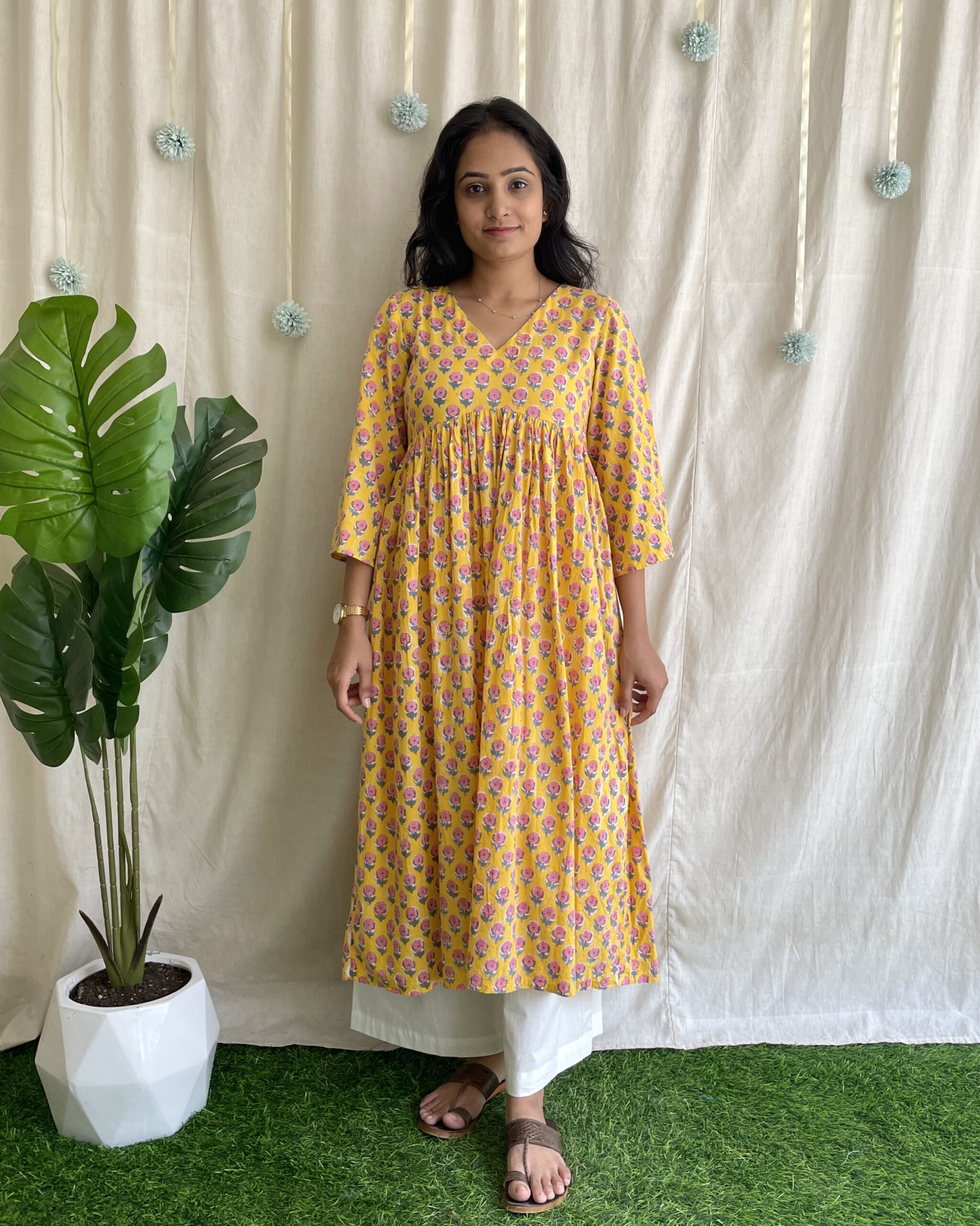 Yellow Handblock printed cotton kurta set