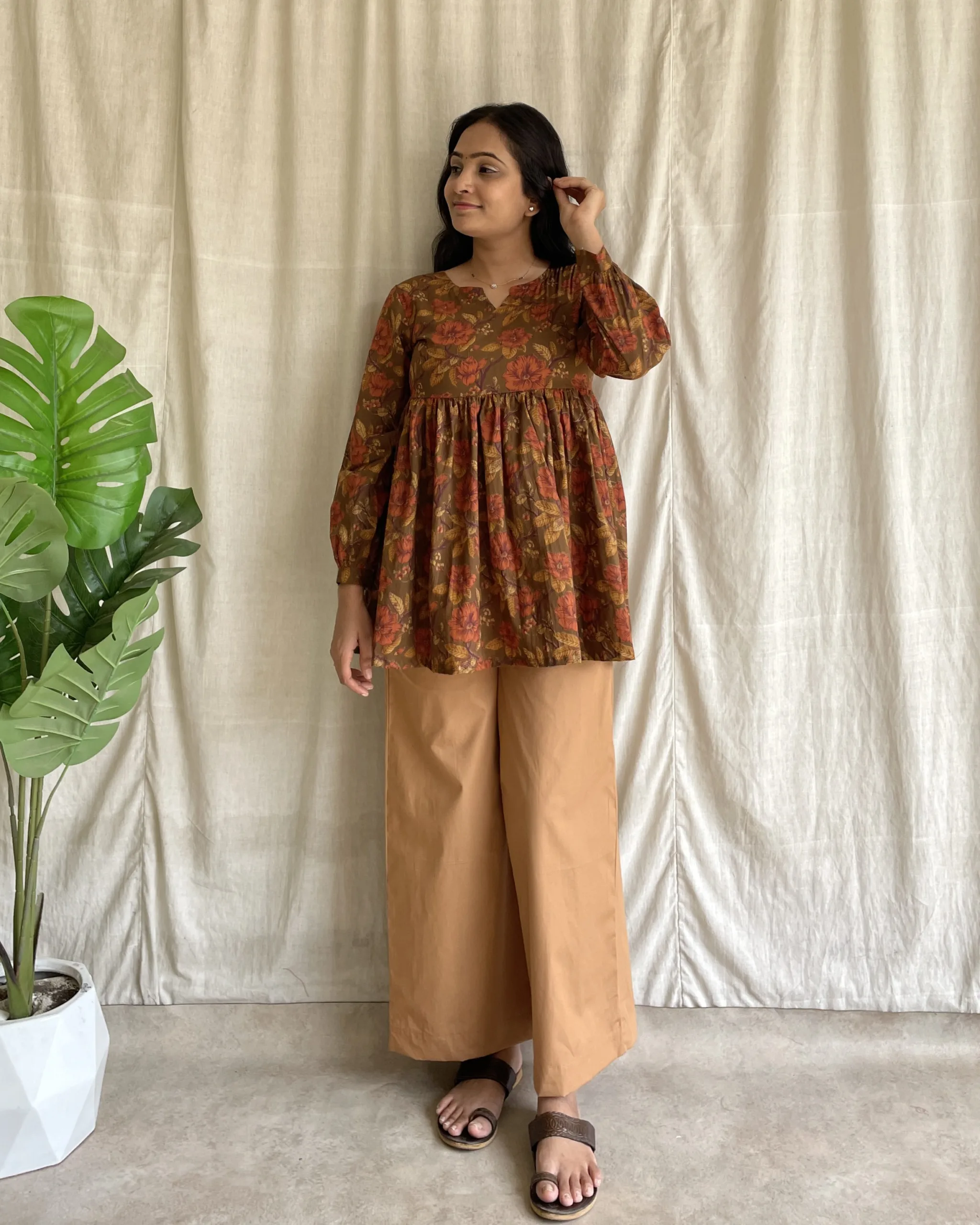 Brown cotton peplum and bottom set
