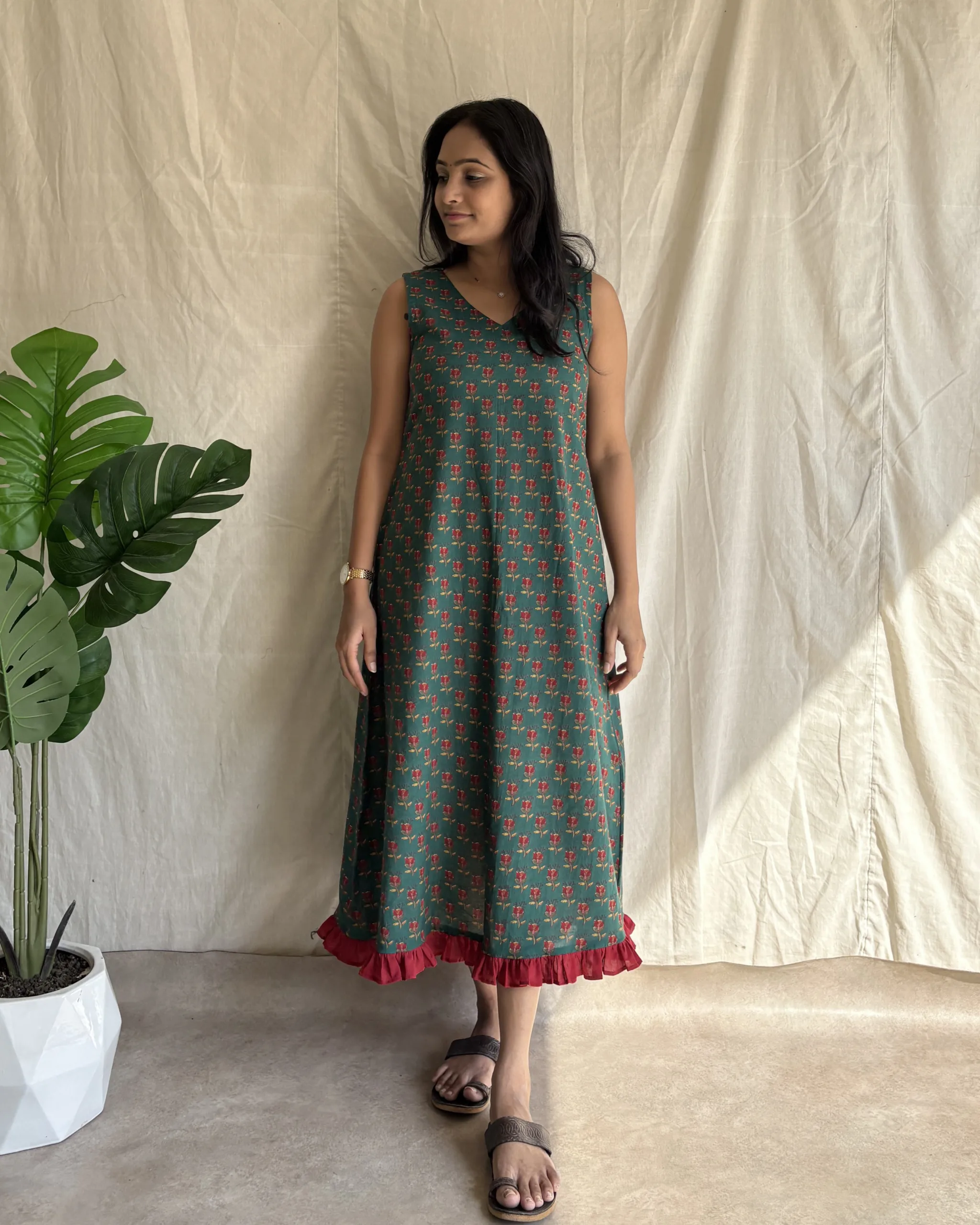 Dark green cotton a line dress