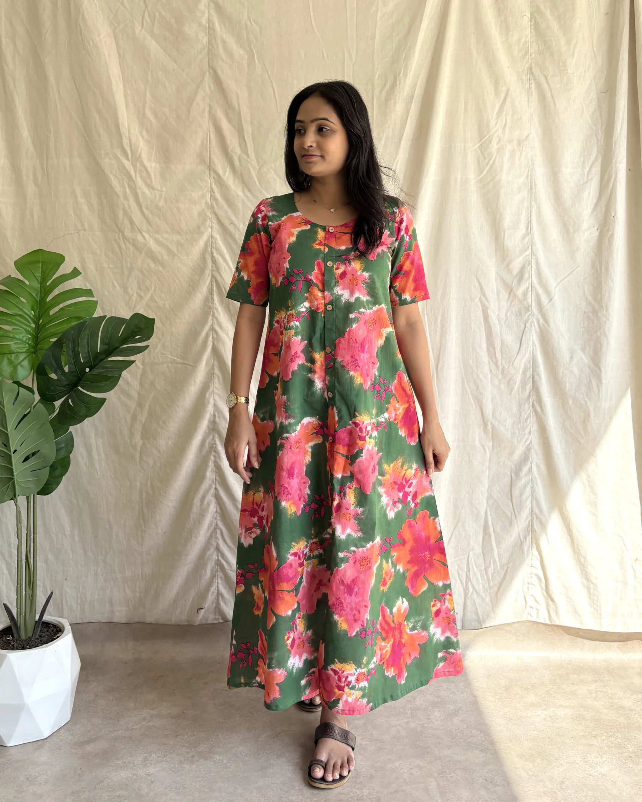 Multi colour cotton a line maxi dress