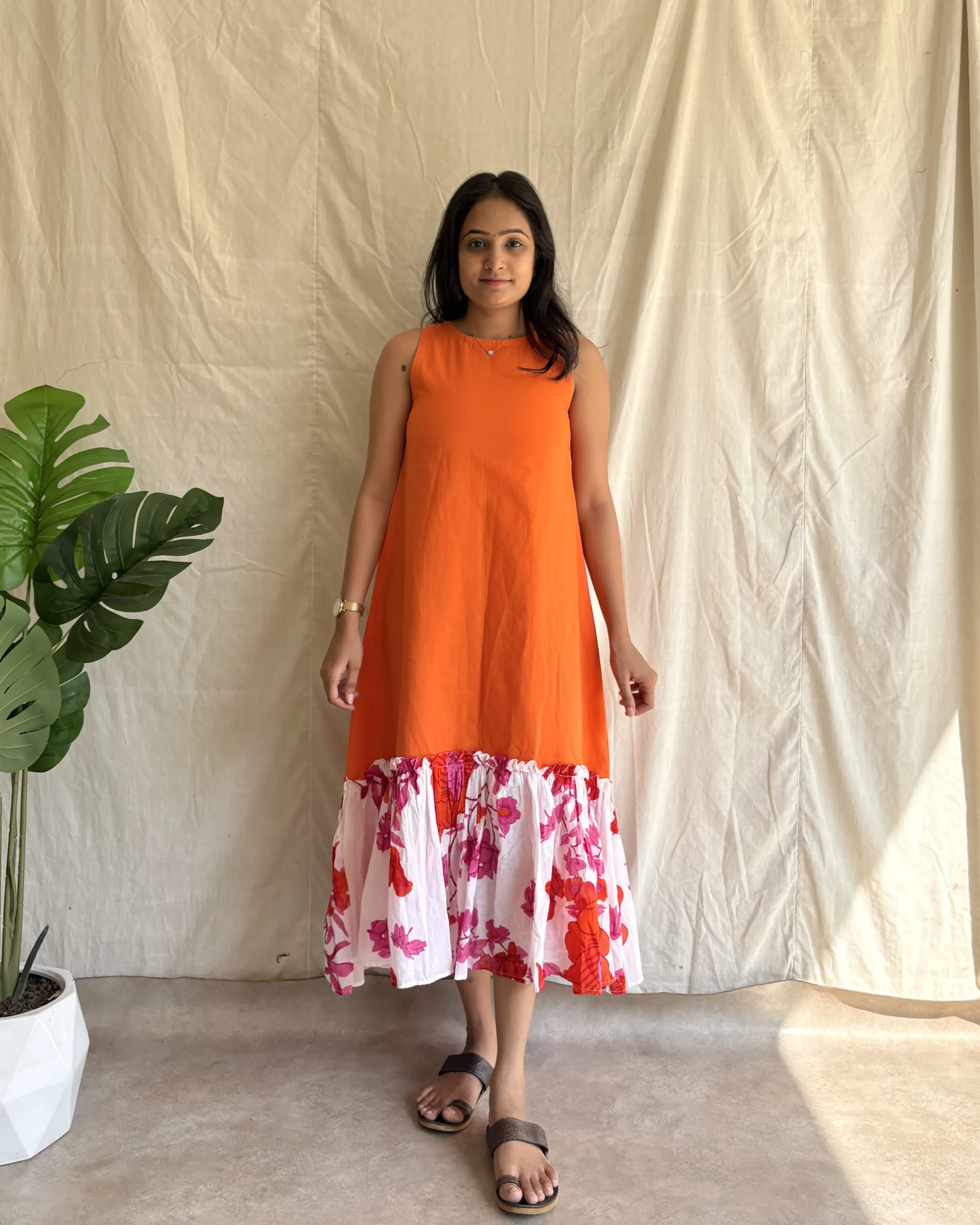 Orange cotton a line dress with lining