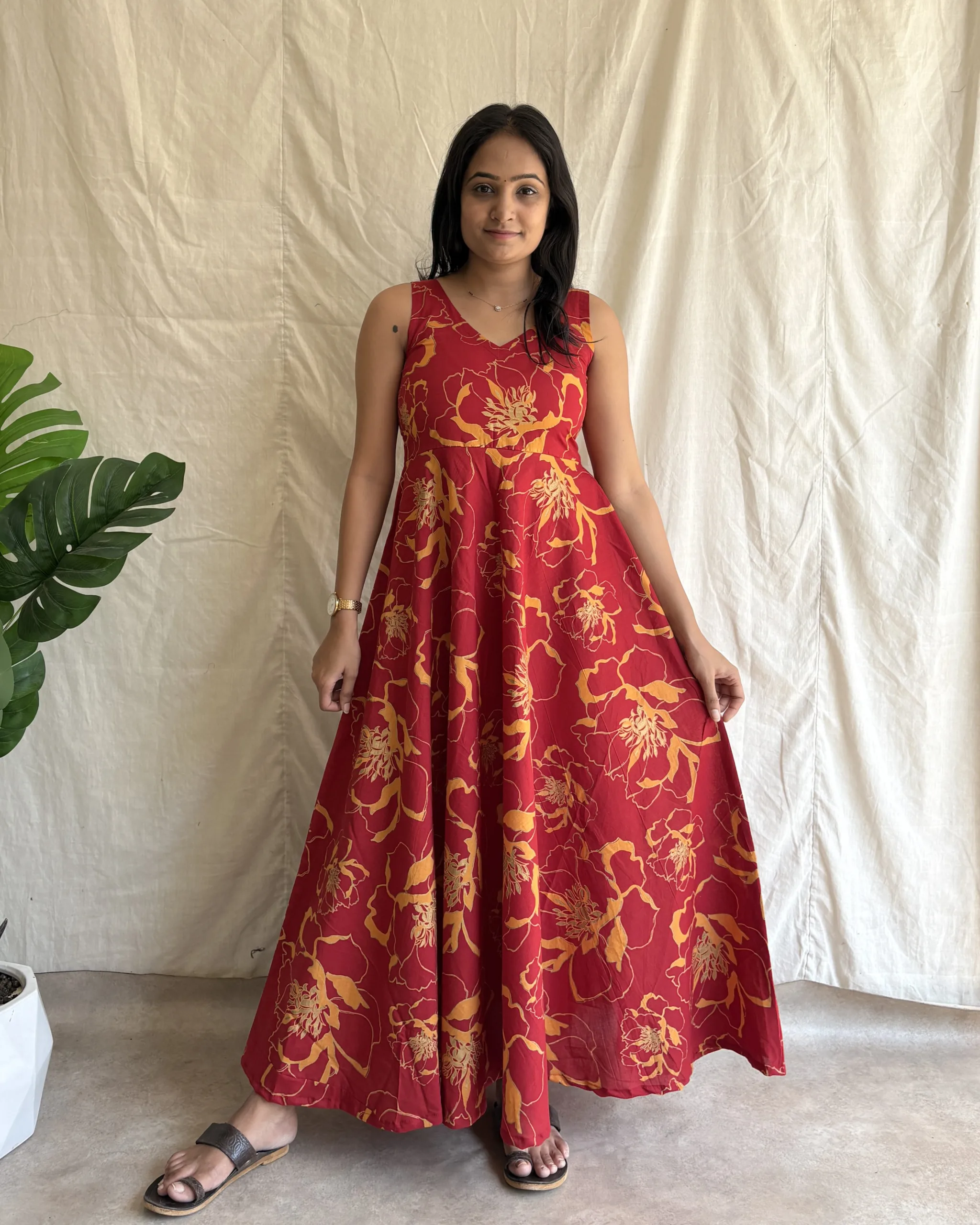 Maroon cotton umbrella flare maxi dress