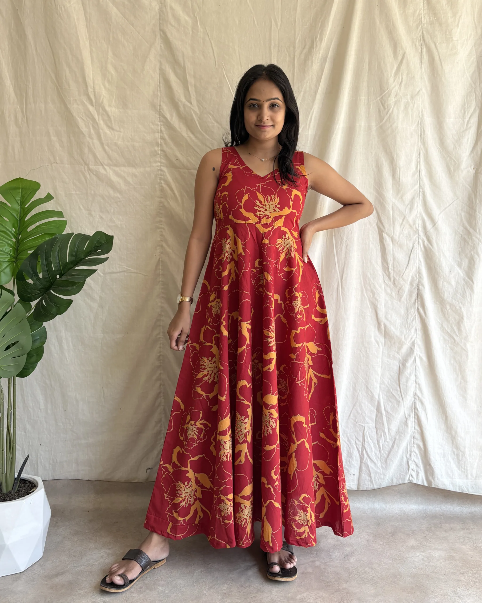 Maroon cotton umbrella flare maxi dress
