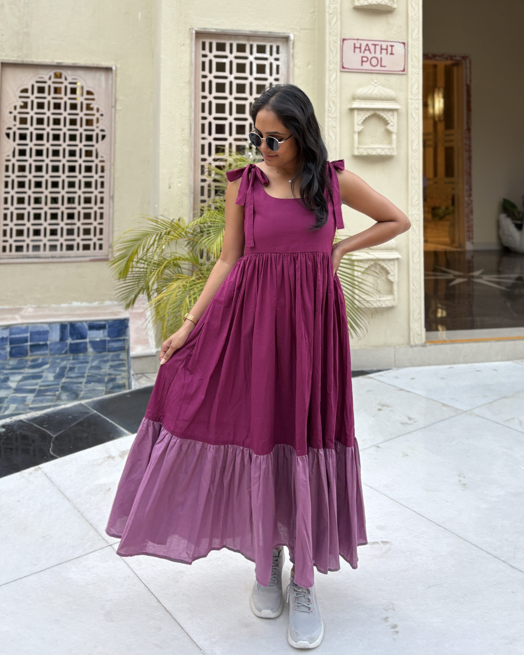 Cotton 2 tiered colour block maxi dress