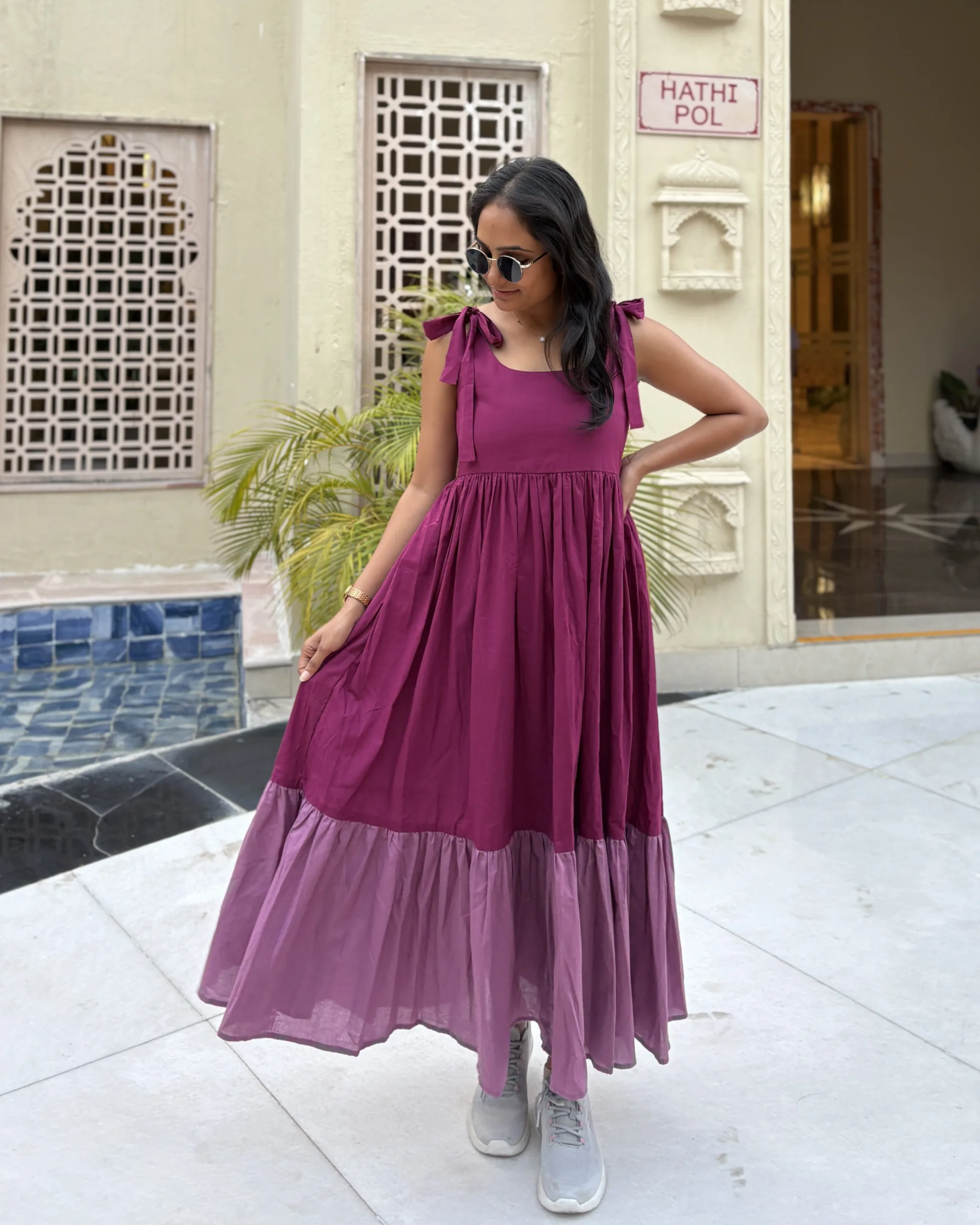Cotton 2 tiered colour block maxi dress