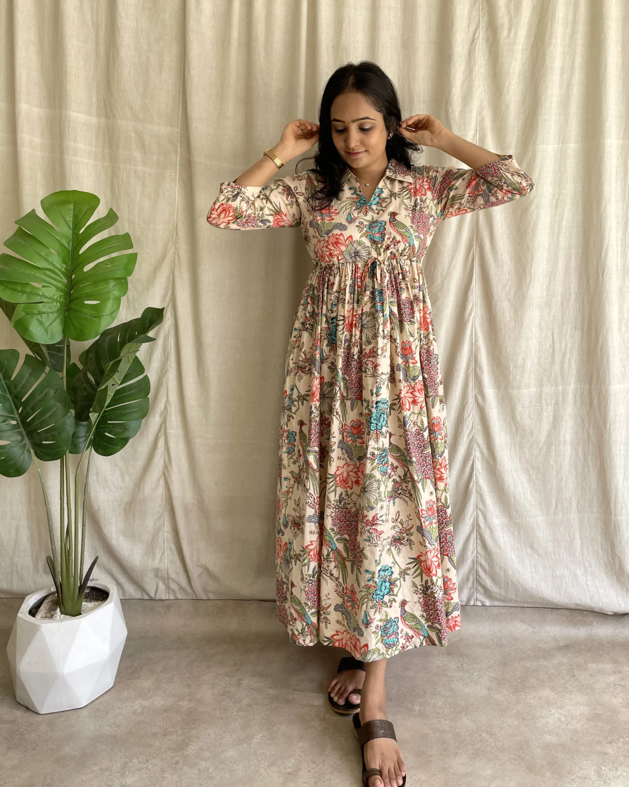 Light peach floral print cotton maxi dress