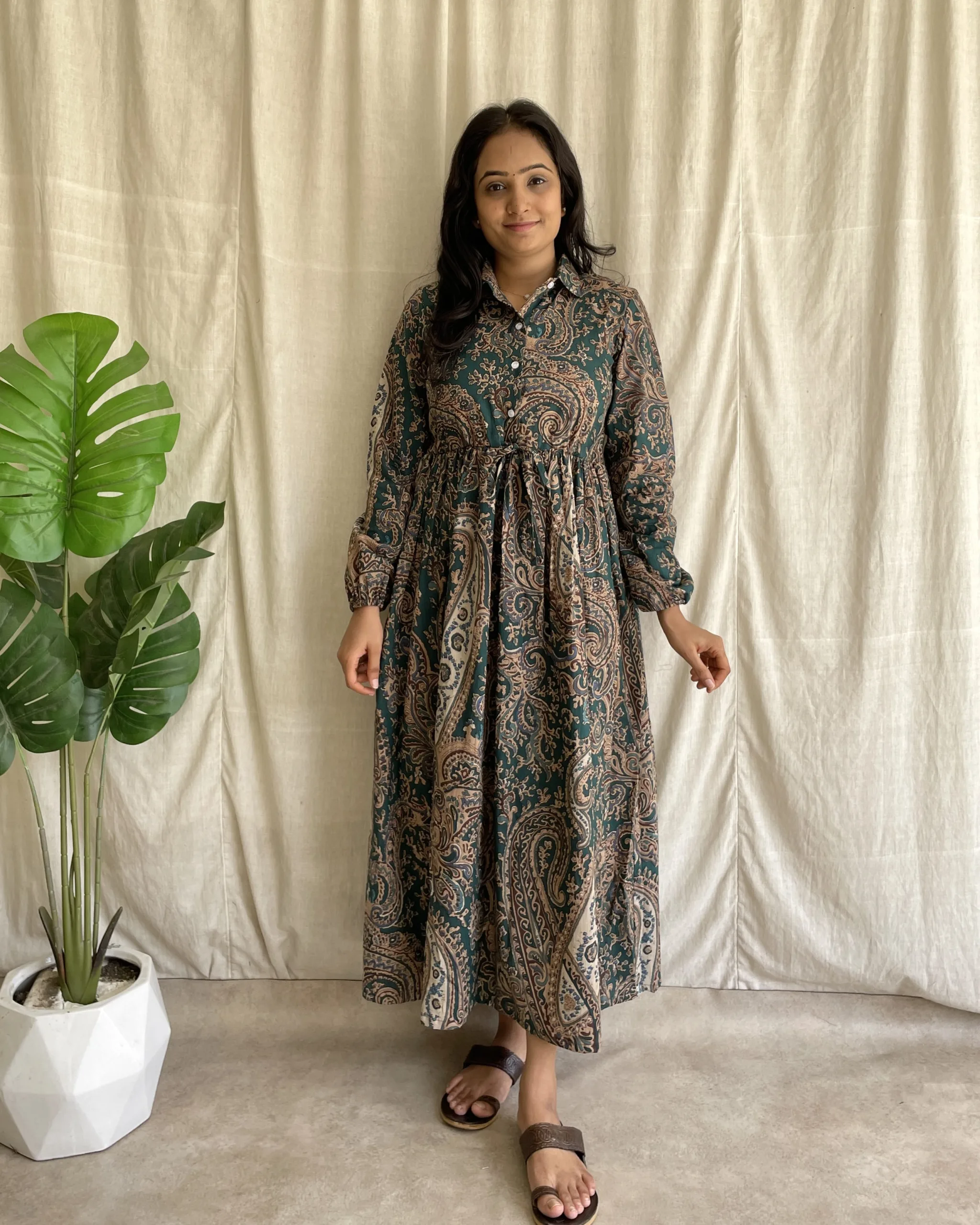 Emerald green cotton printed maxi dress