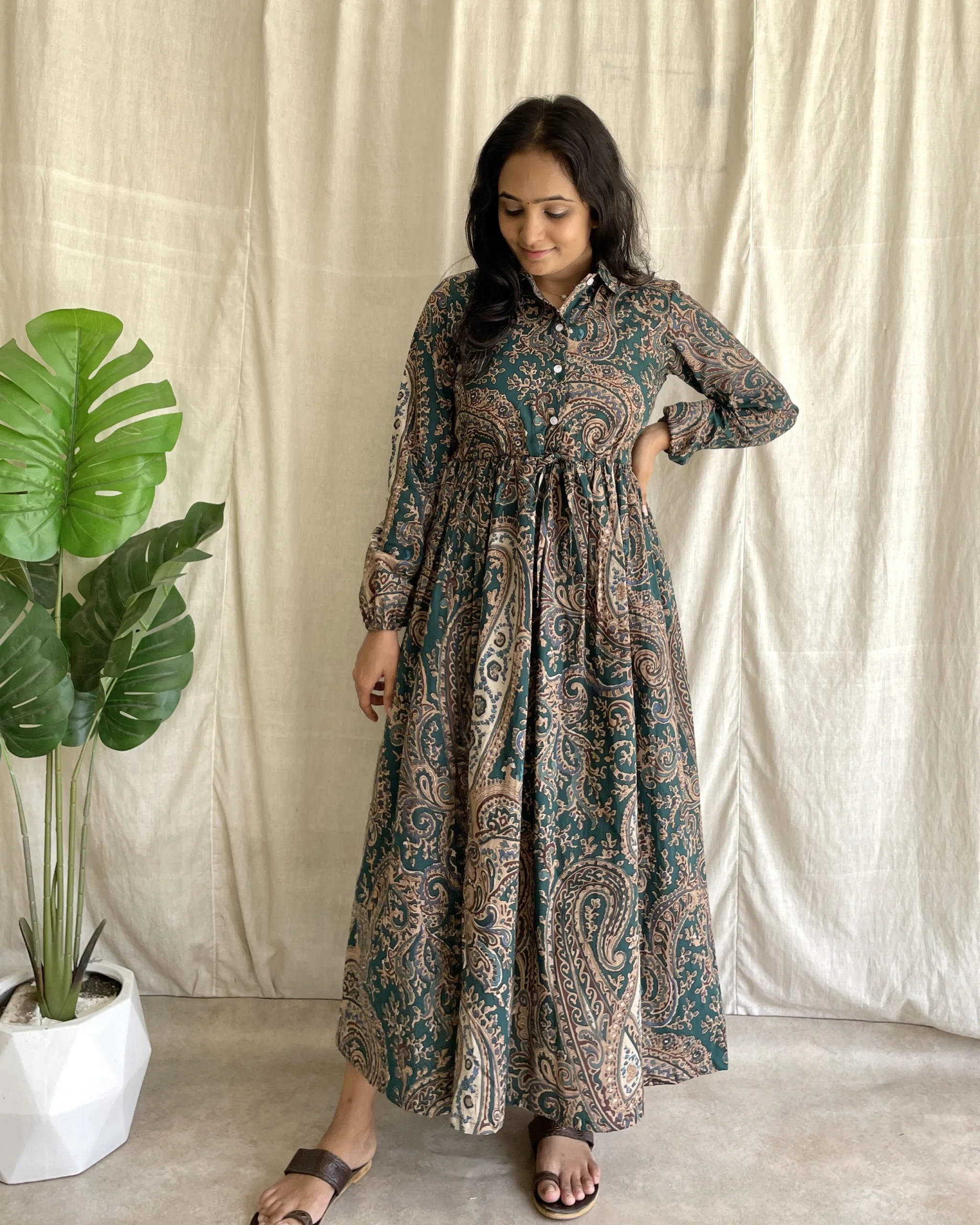 Emerald green cotton printed maxi dress