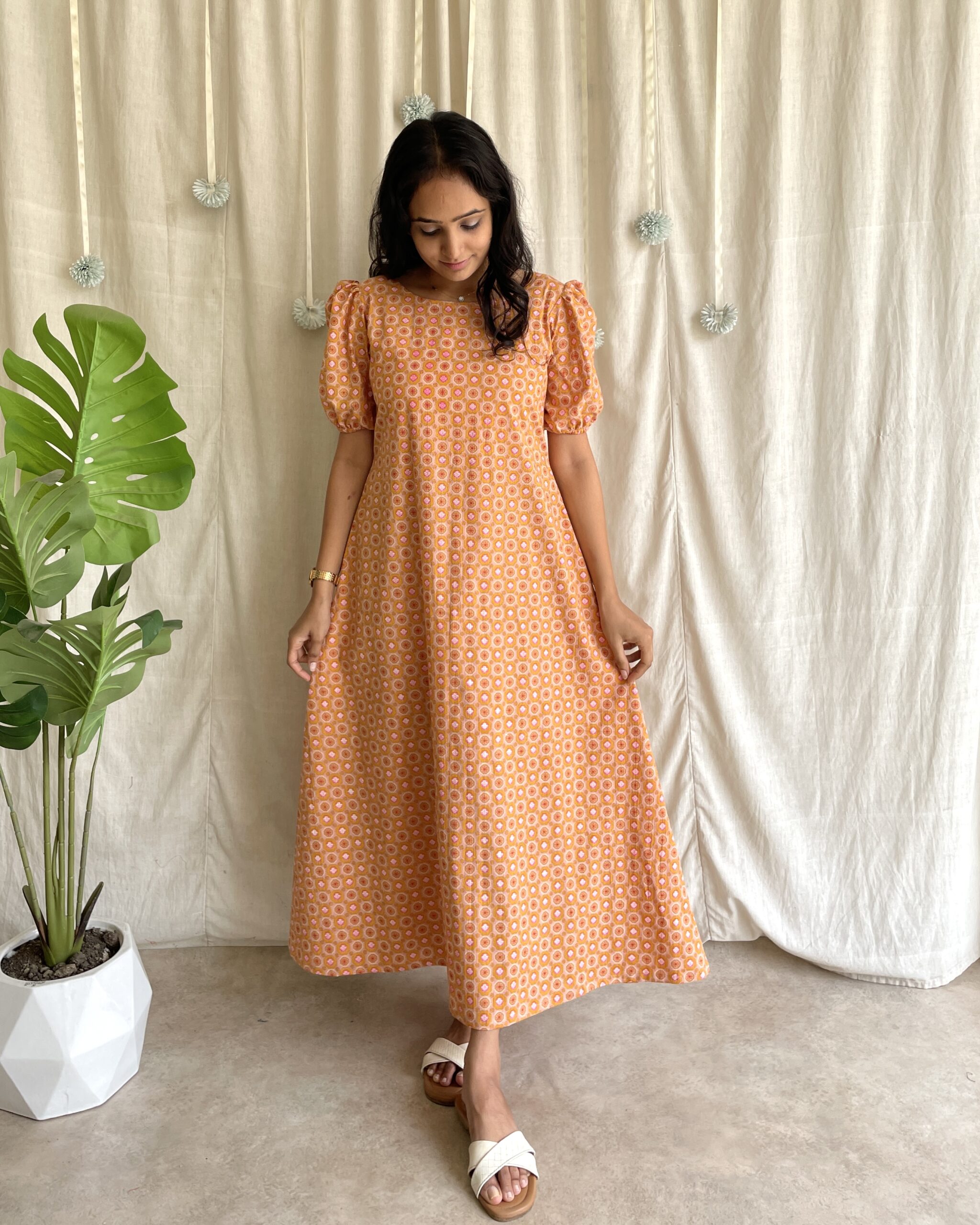 Rust orange cotton A line maxi dress