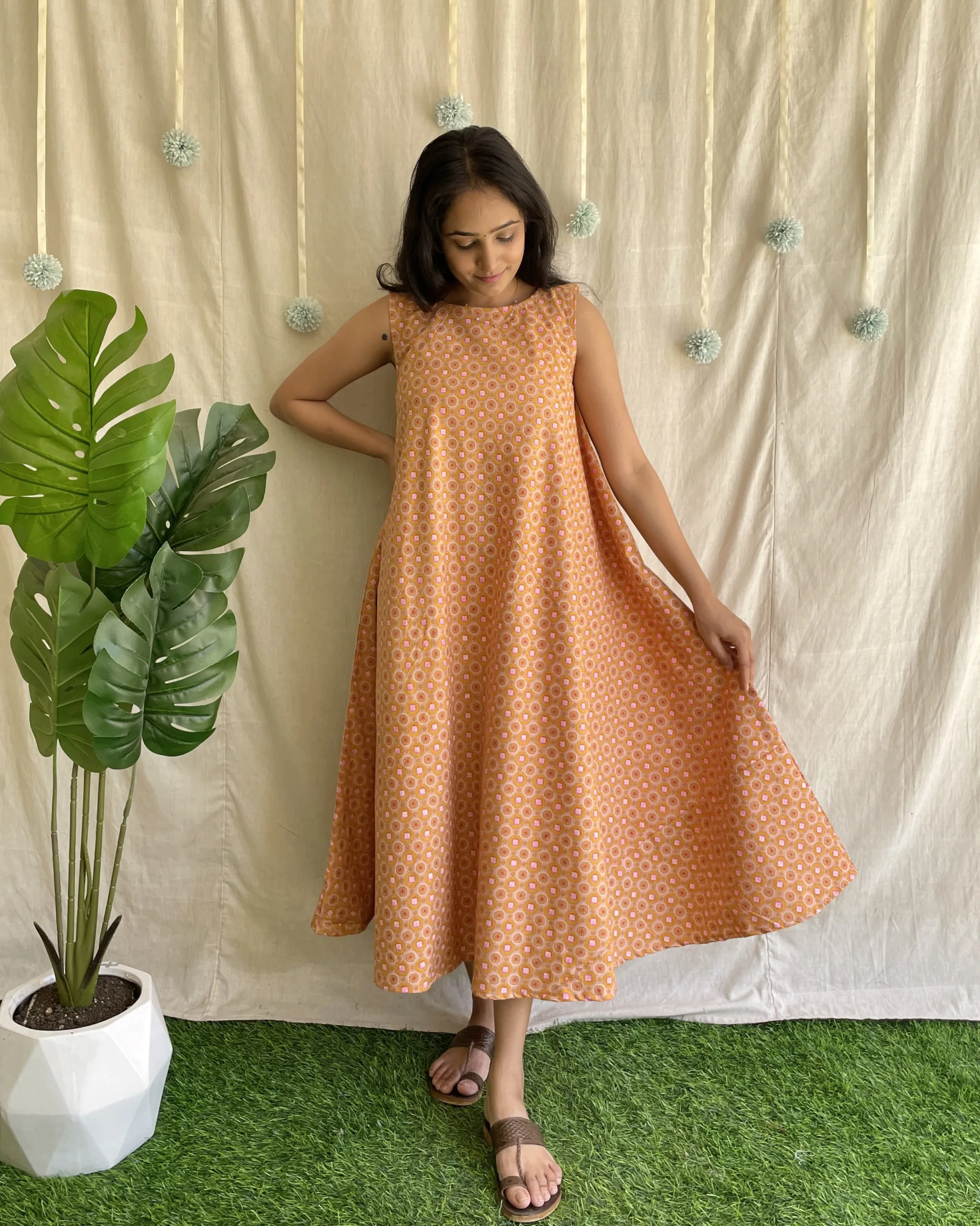 Rust orange cotton umbrella flare dress