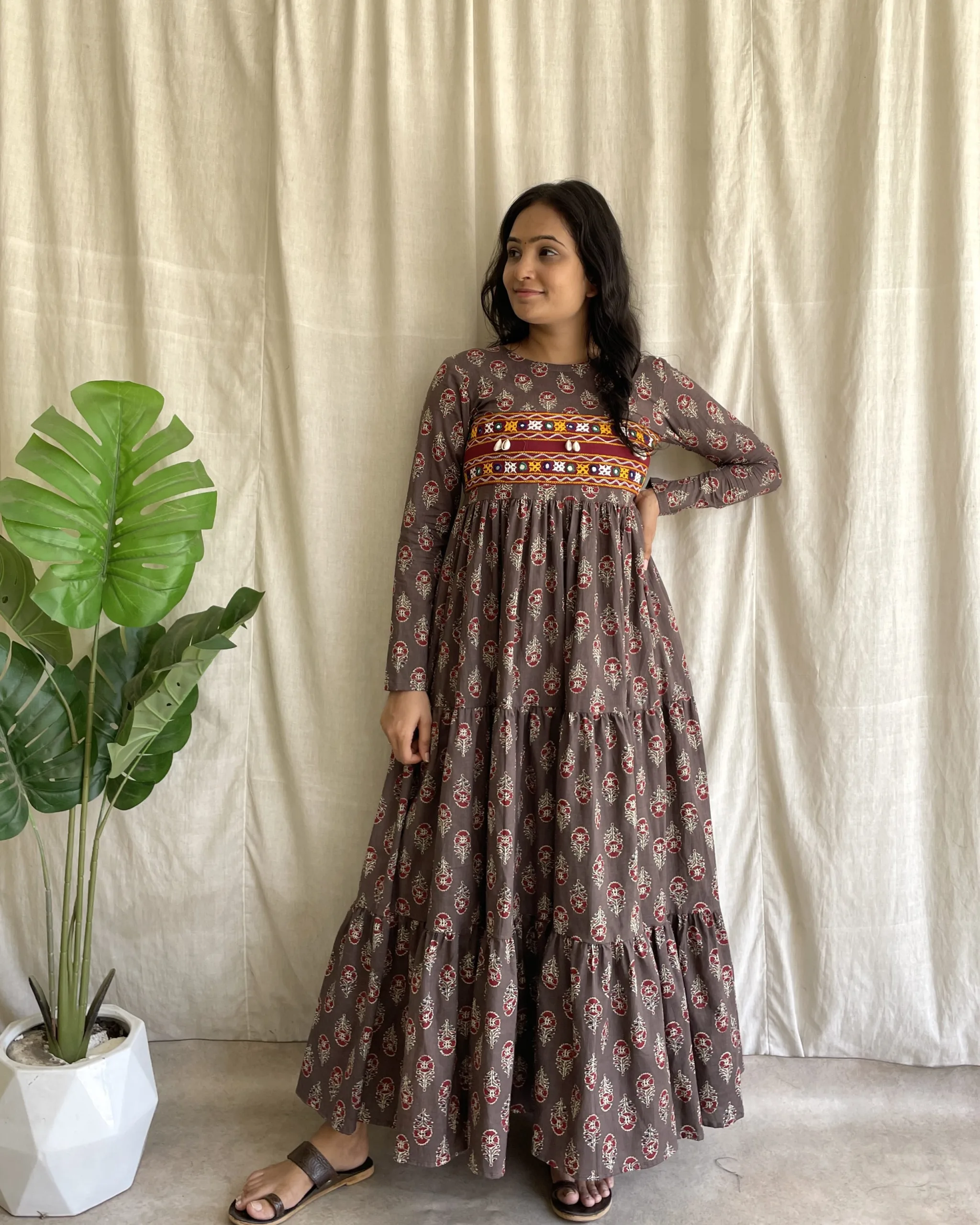 Brown cotton 3 tiered maxi dress