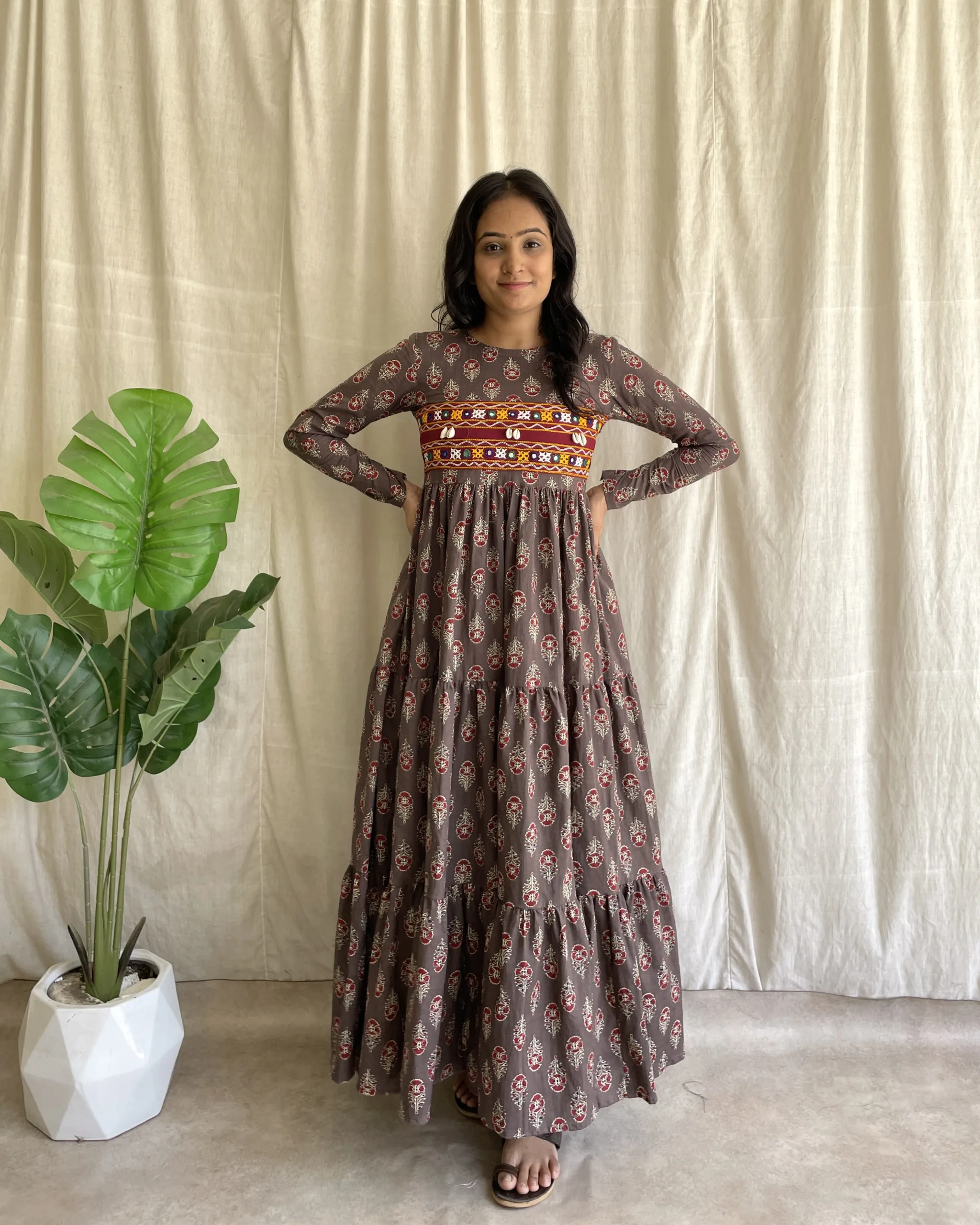 Brown cotton 3 tiered maxi dress