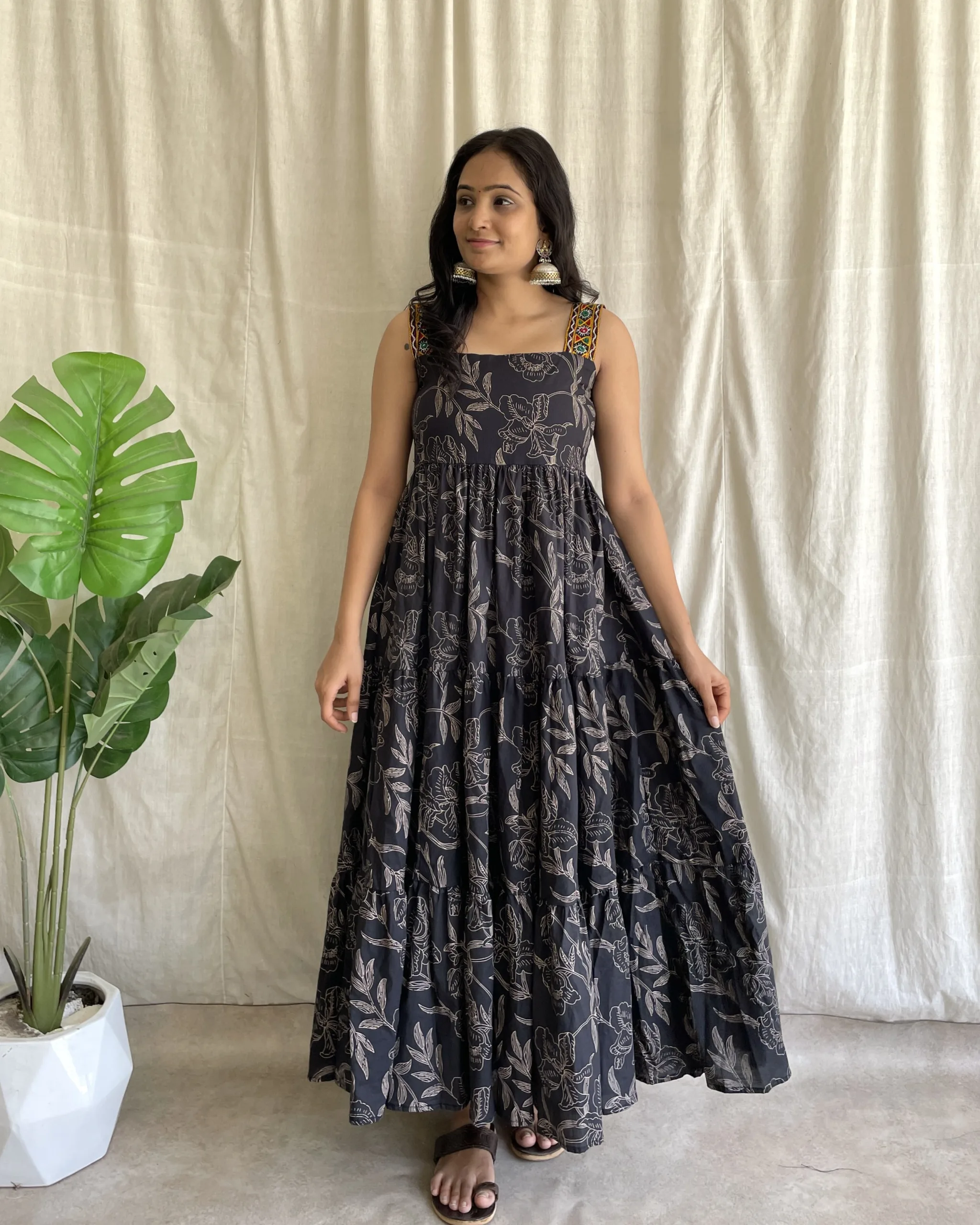 Black cotton 3 tiered maxi dress with handwork detailing