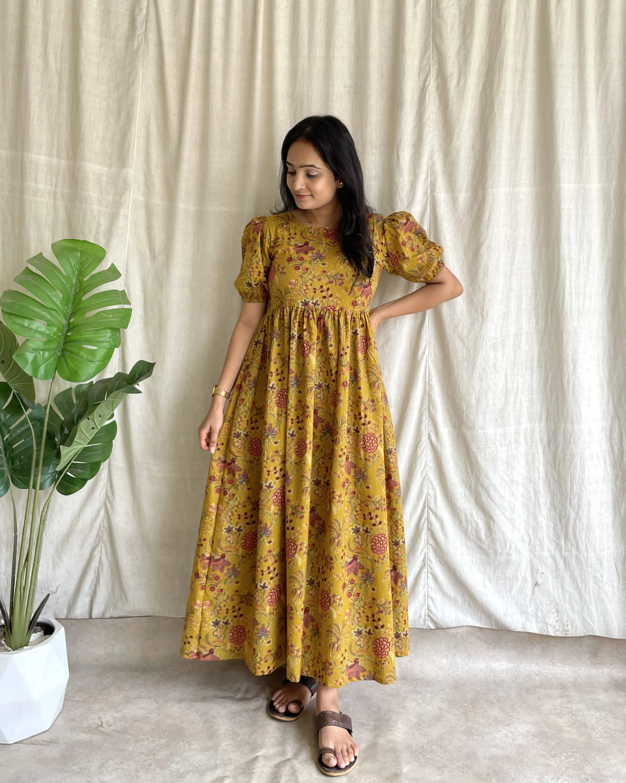 Mustard cotton floral print maxi dress