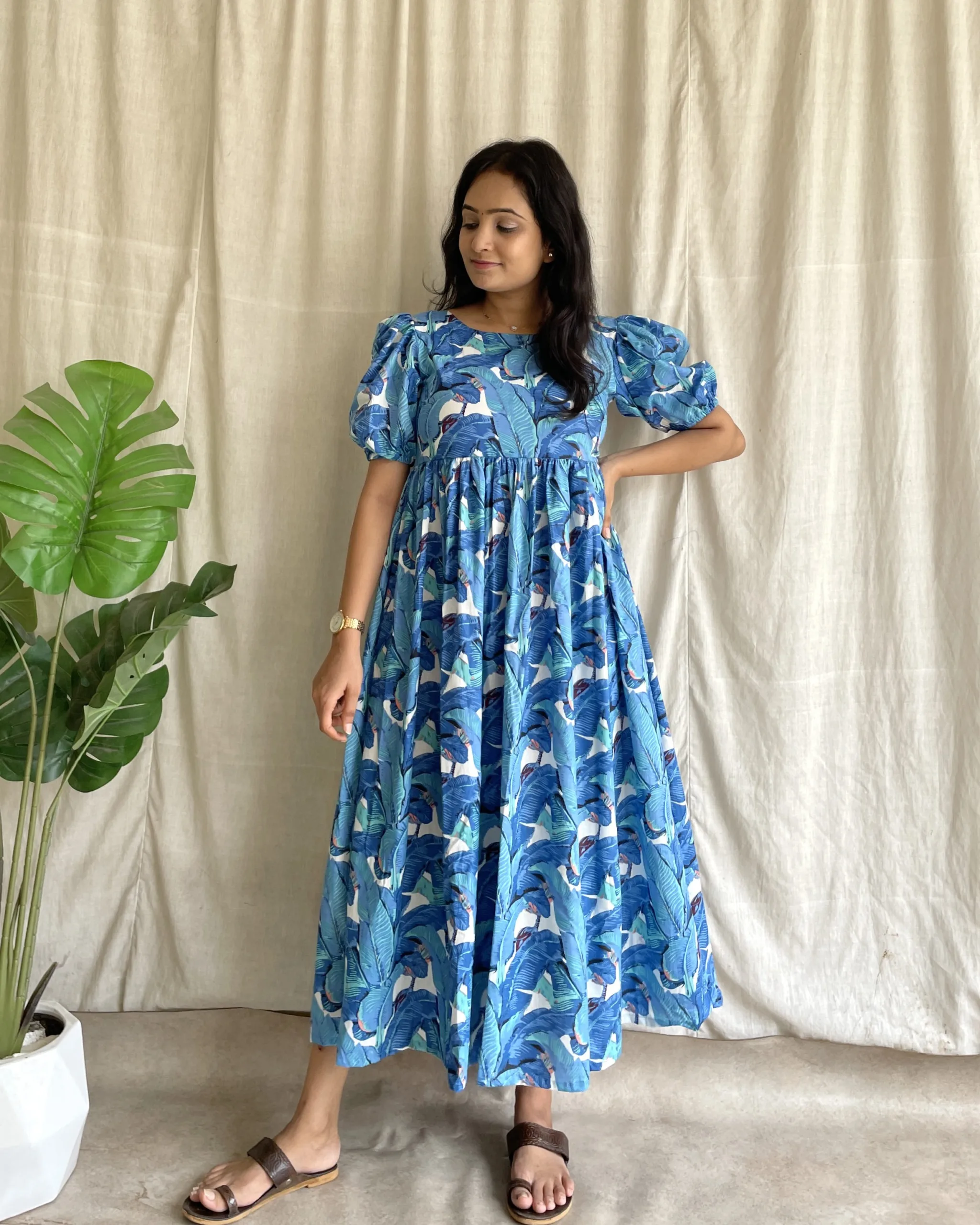 sky blue tropical print cotton floral maxi dress