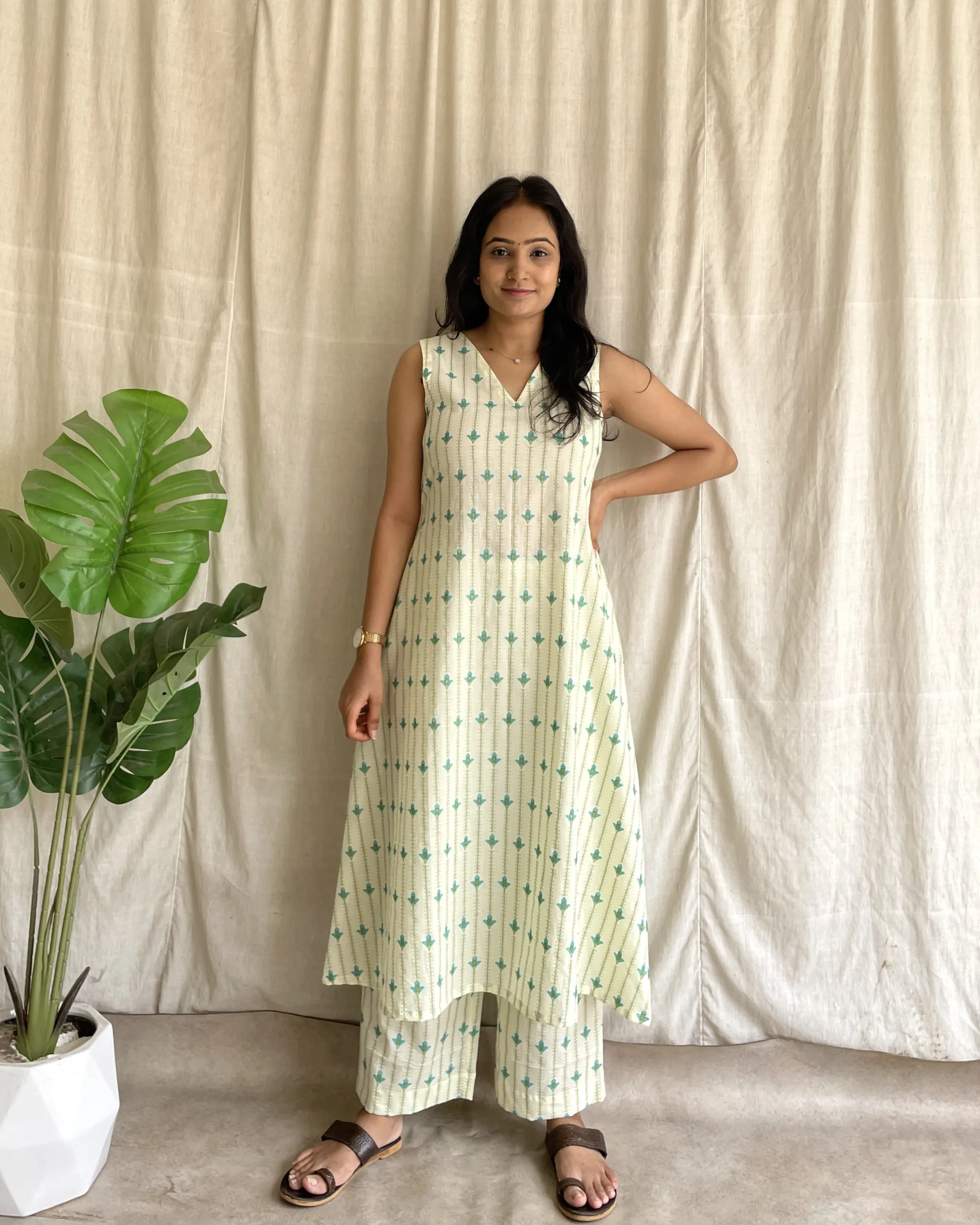Off white and sky printed cotton A line kurta set