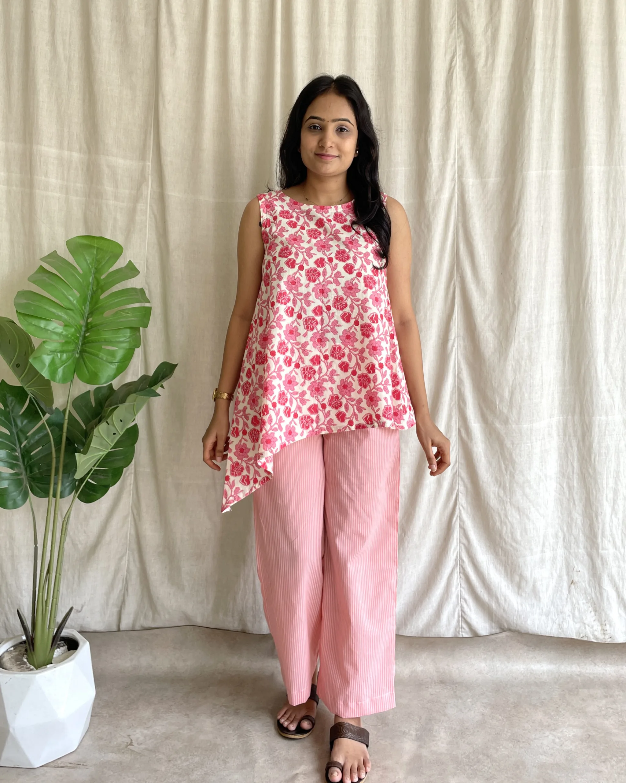 Peach & off white floral print cotton coord set