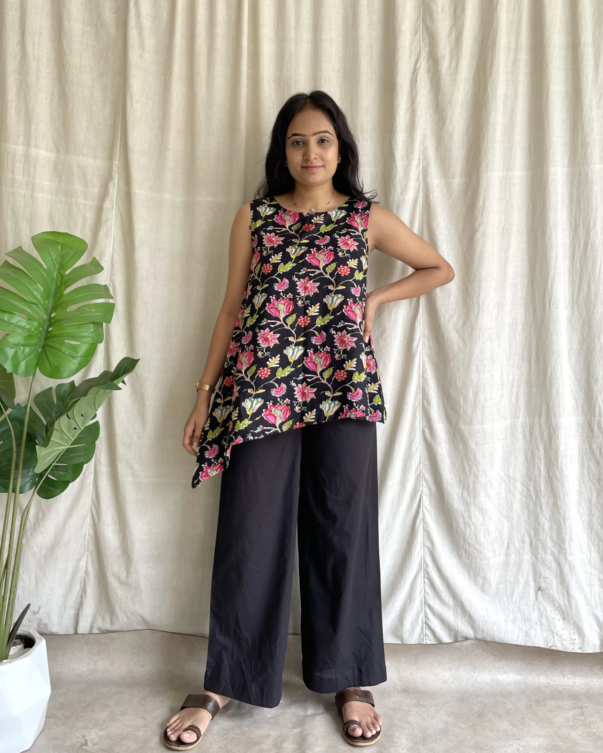 Black floral print cotton coord set