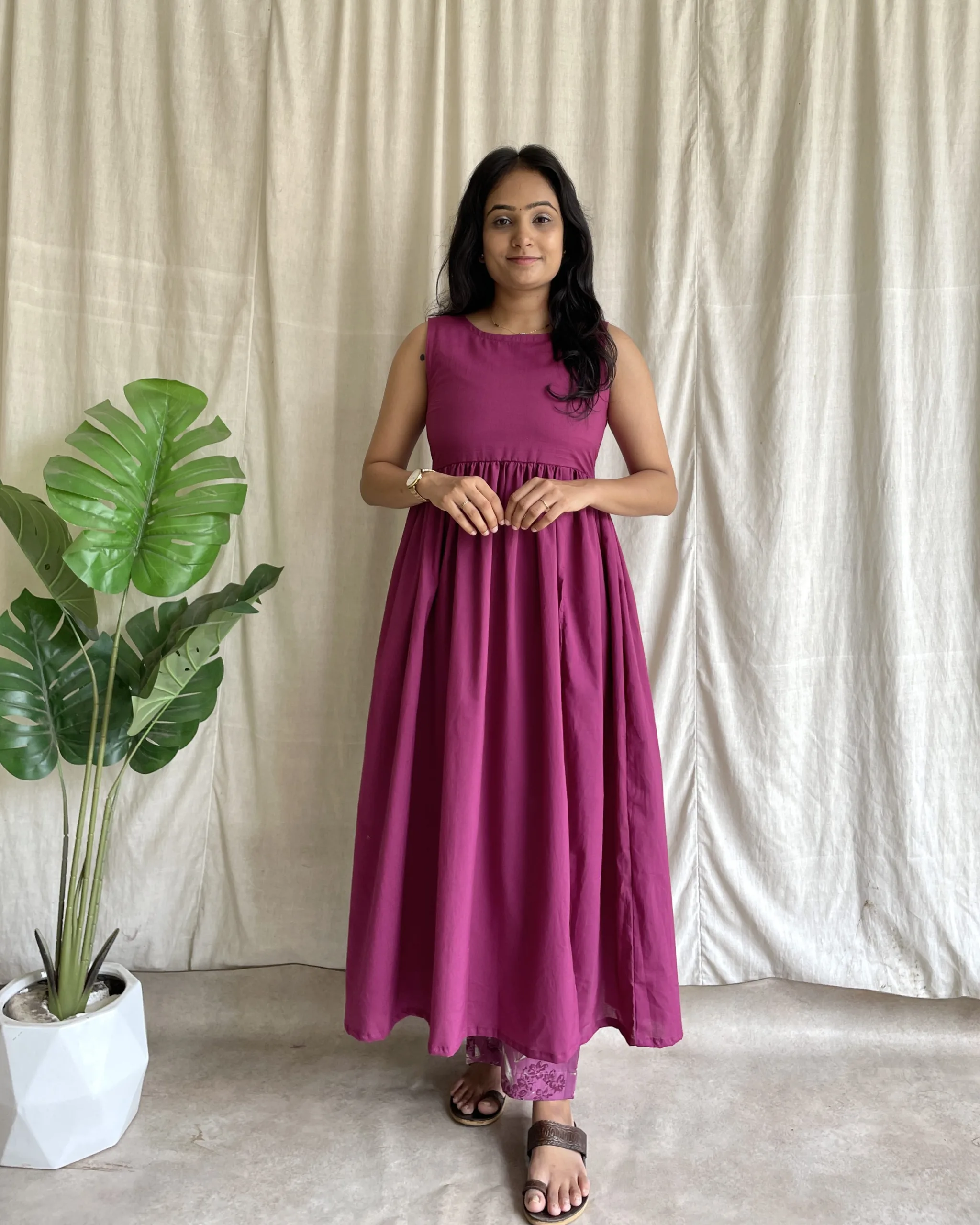 Wine solid cotton kurta set