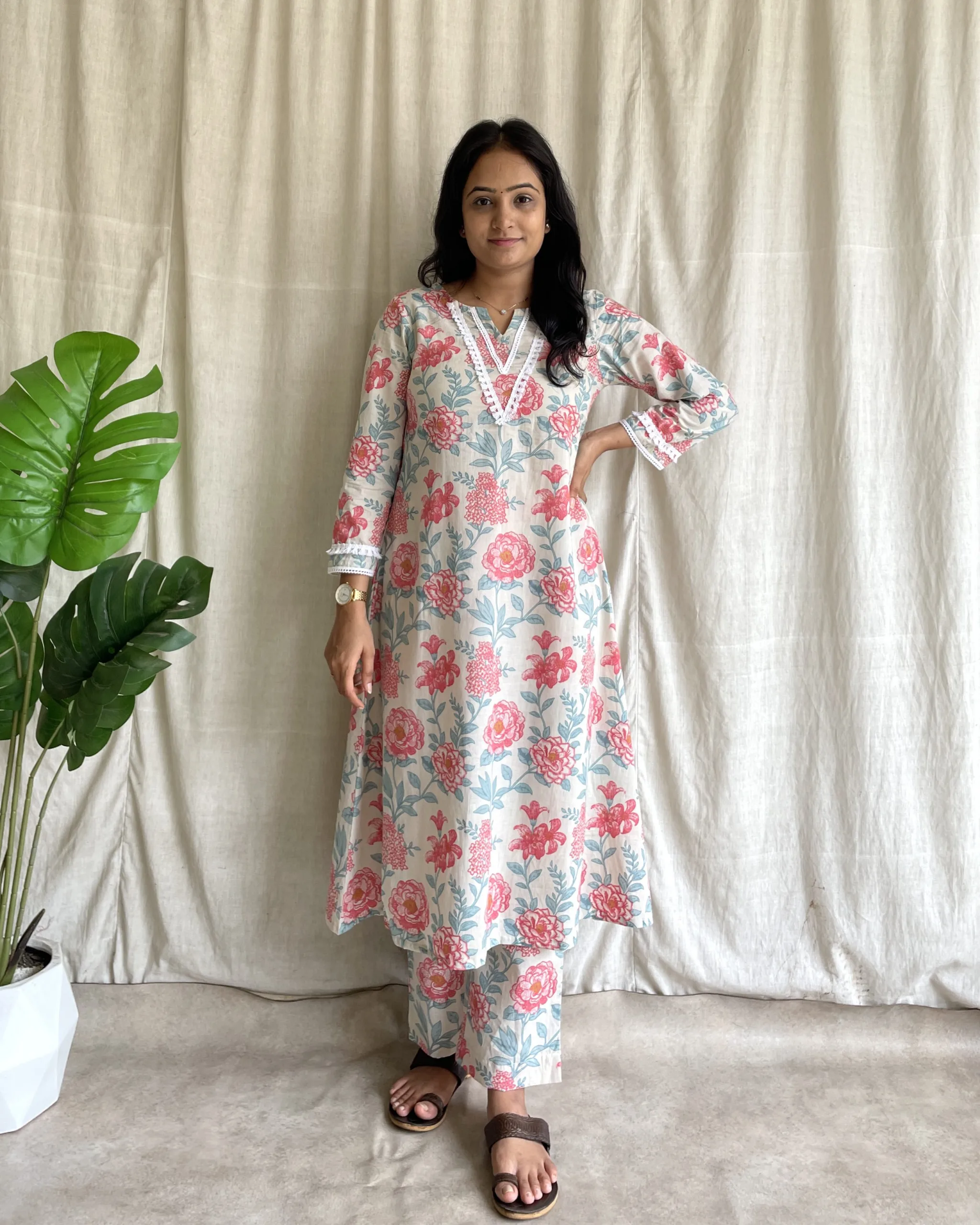 Peach floral design Cotton A line kurta set