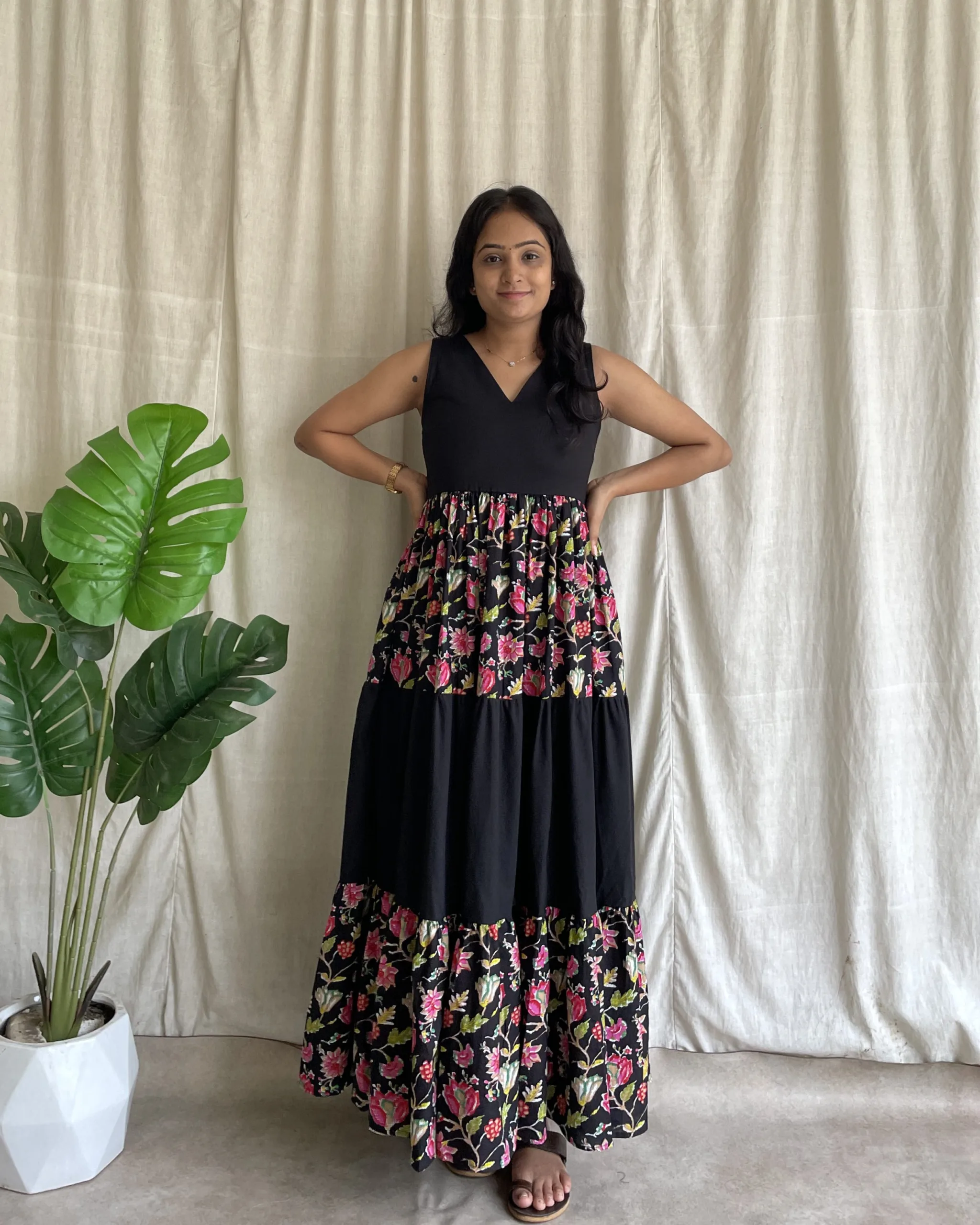 Black colour block cotton 3 tiered maxi dress
