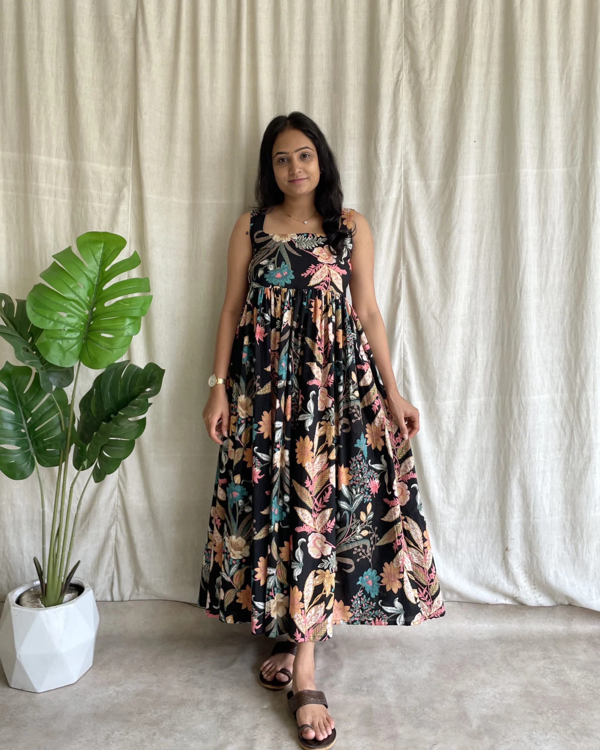 Black cotton floral maxi dress
