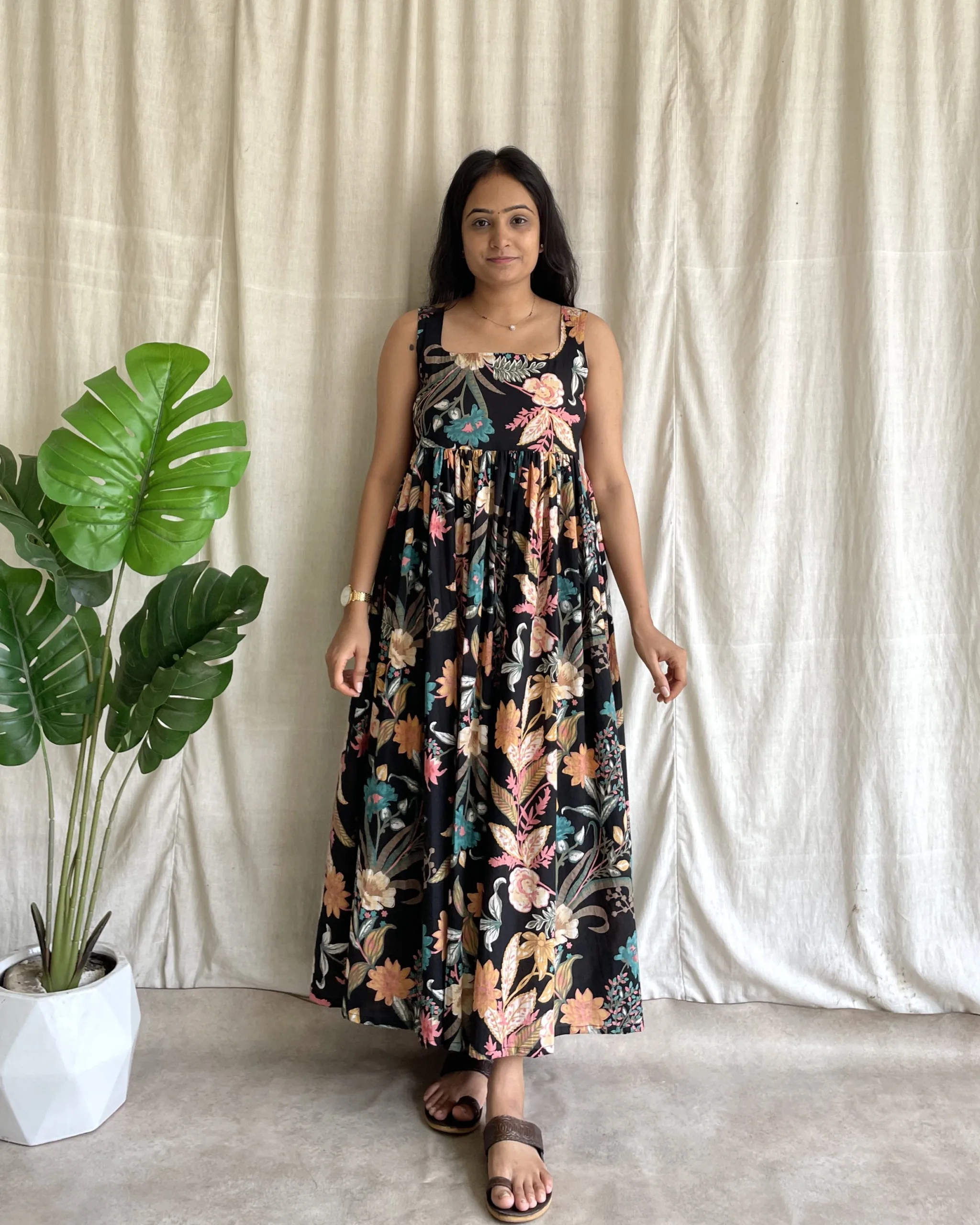 Black cotton floral maxi dress