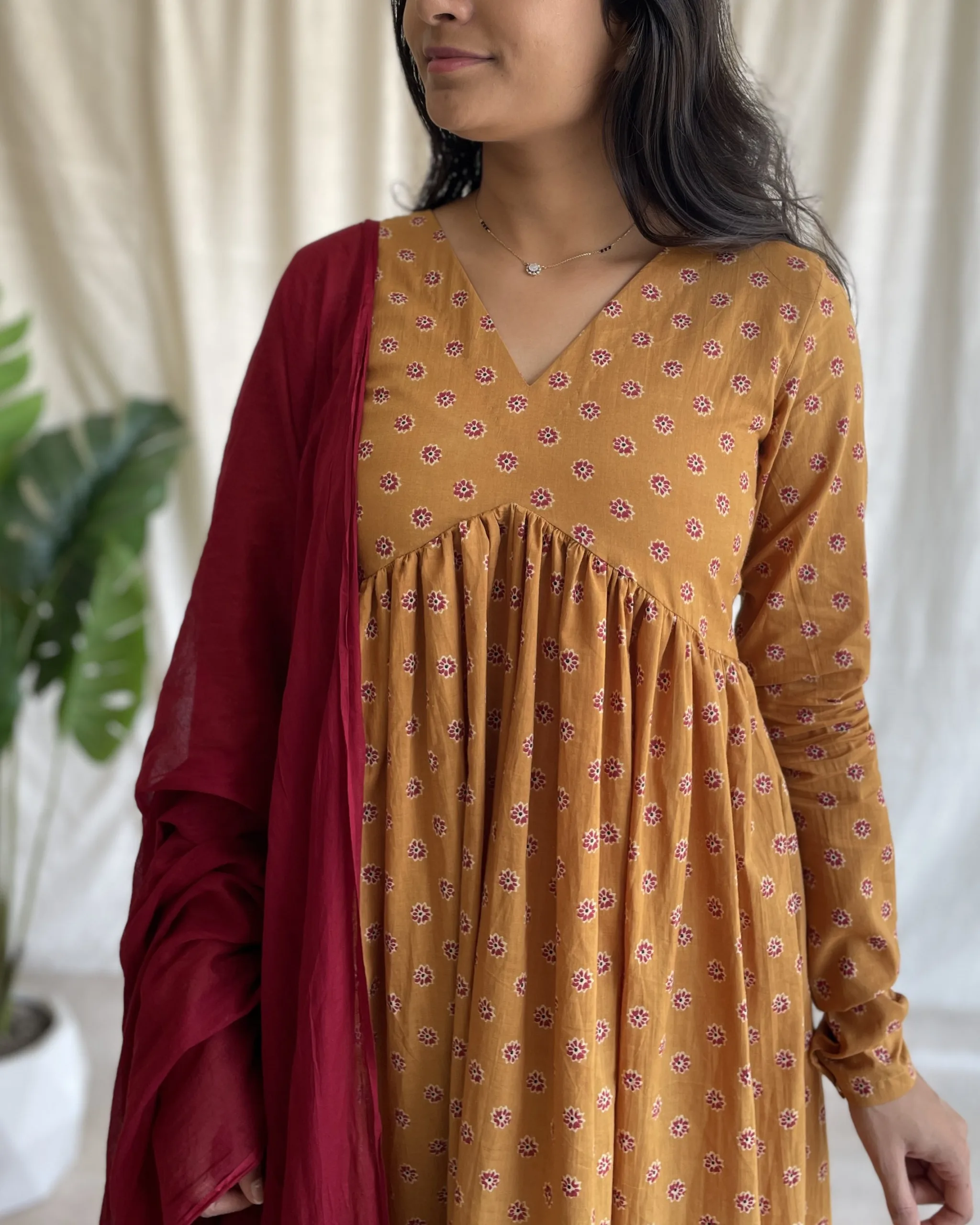 Mustard floral print cotton suit