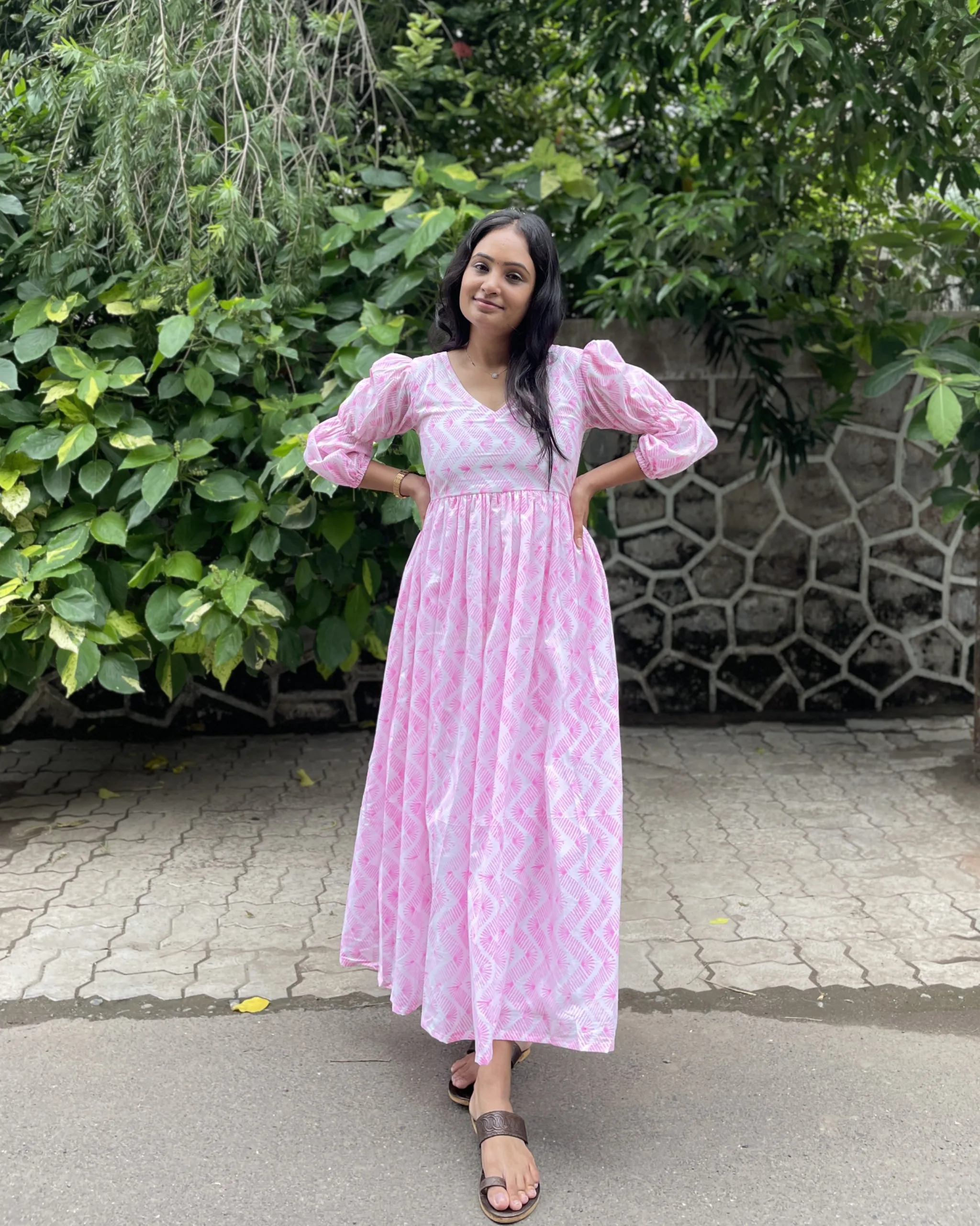 pink chevron print handblock maxi dress