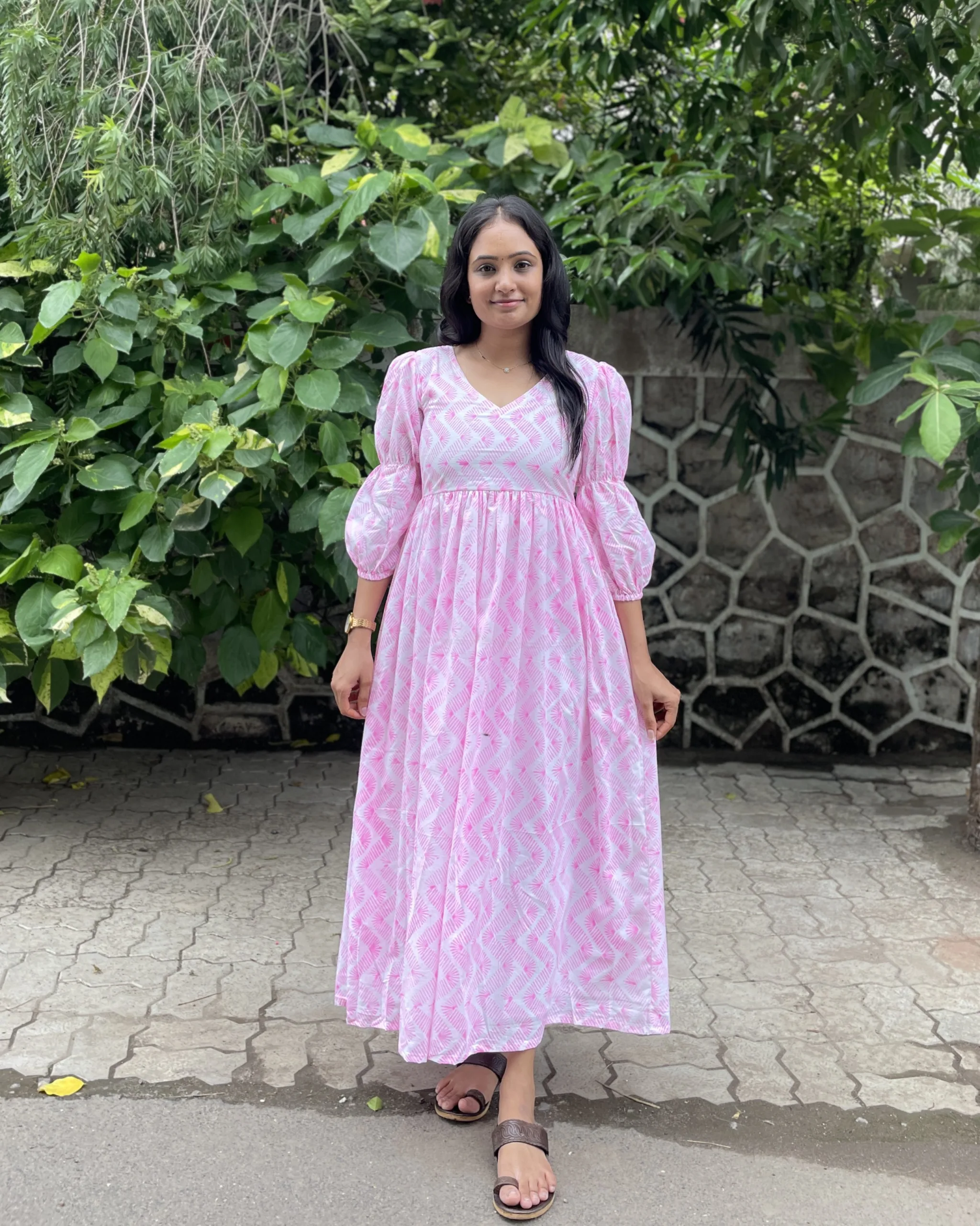 pink chevron print handblock maxi dress