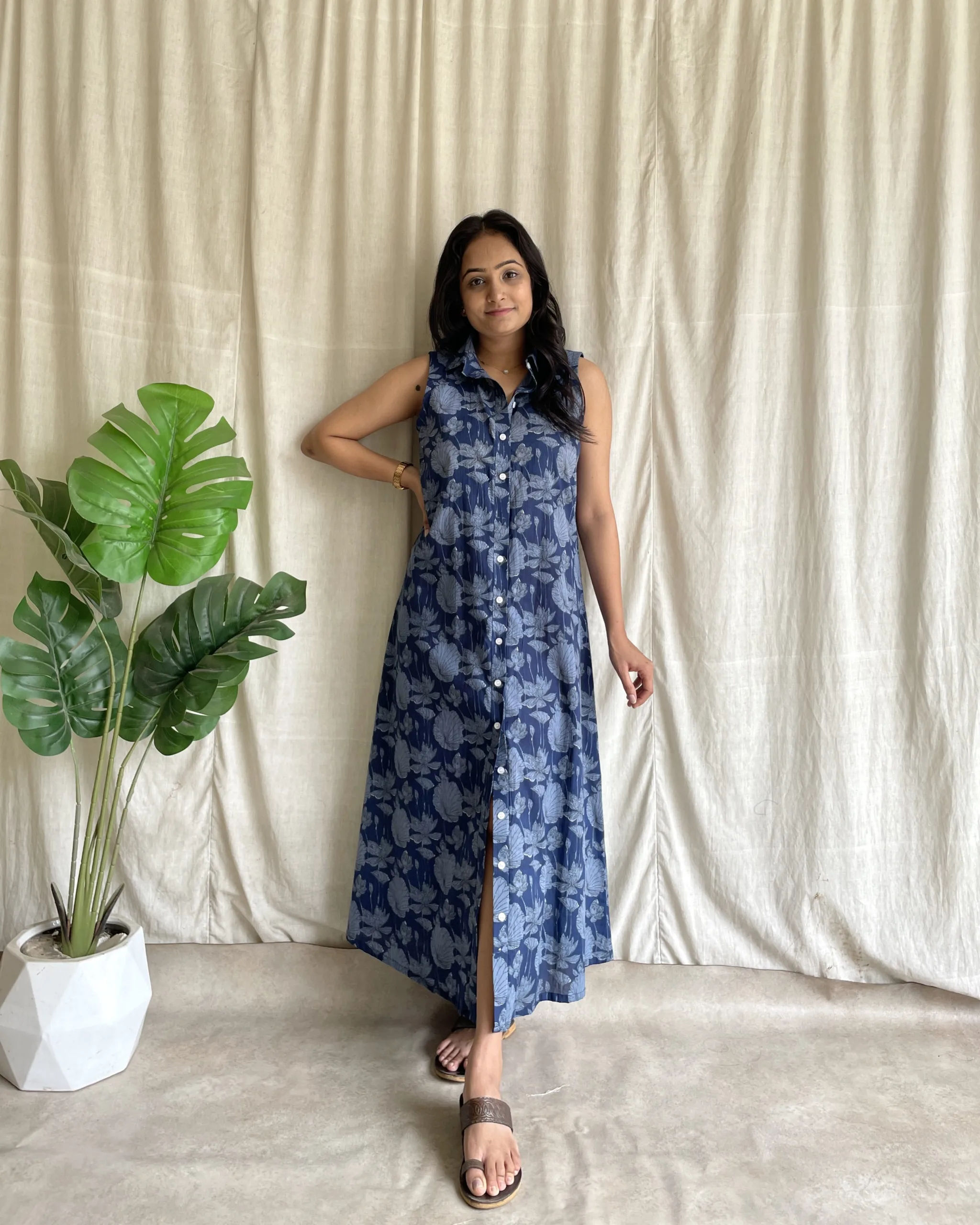 Navy blue cotton a line shirt dress